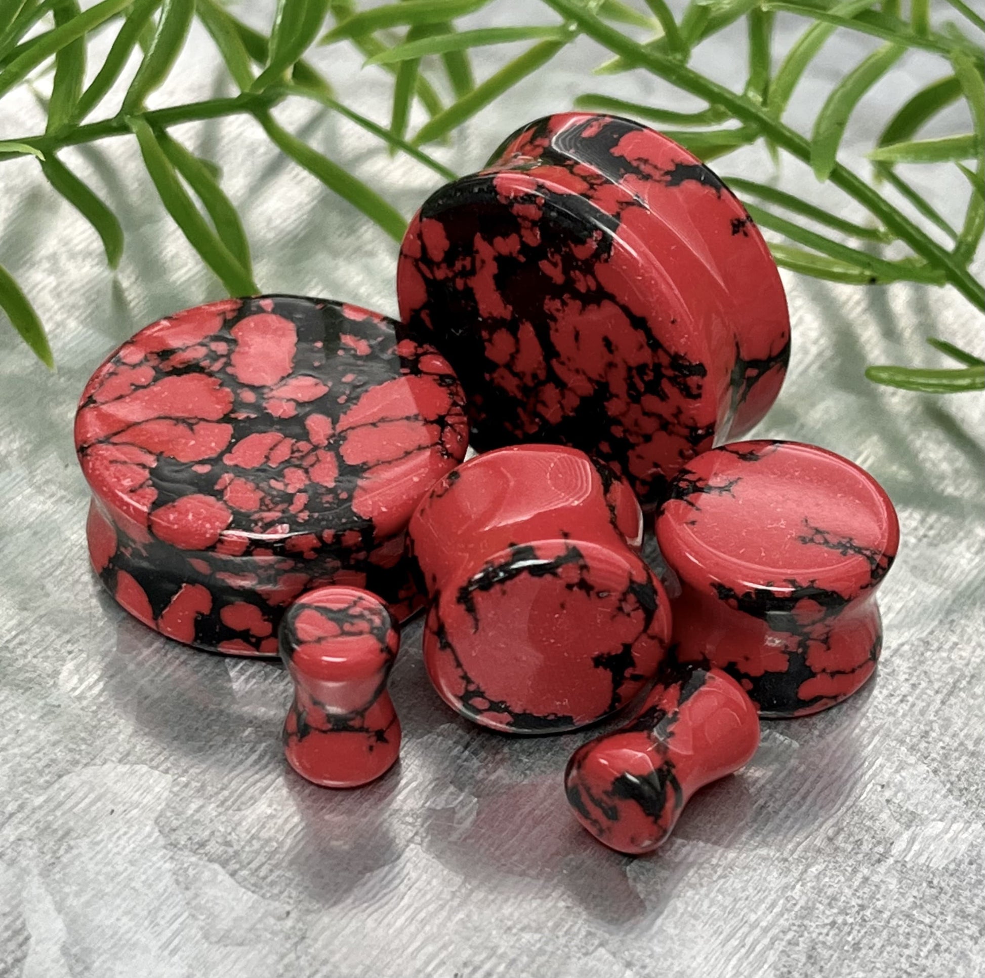 PAIR of Unique Black & Red Synthetic Imperial Turquoise Double Flare Plugs/Tunnels - Gauges 2g (6mm) thru 1" (25mm) available!