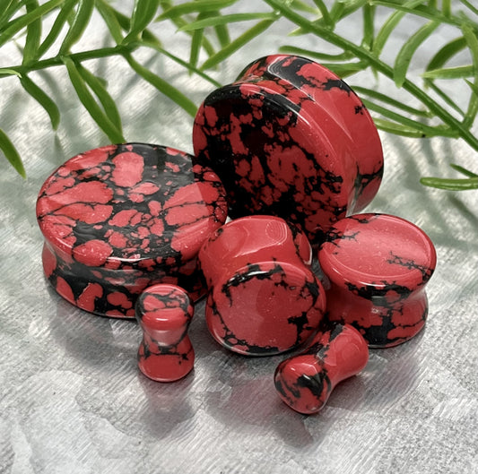 PAIR of Unique Black & Red Synthetic Imperial Turquoise Double Flare Plugs/Tunnels - Gauges 2g (6mm) thru 1" (25mm) available!