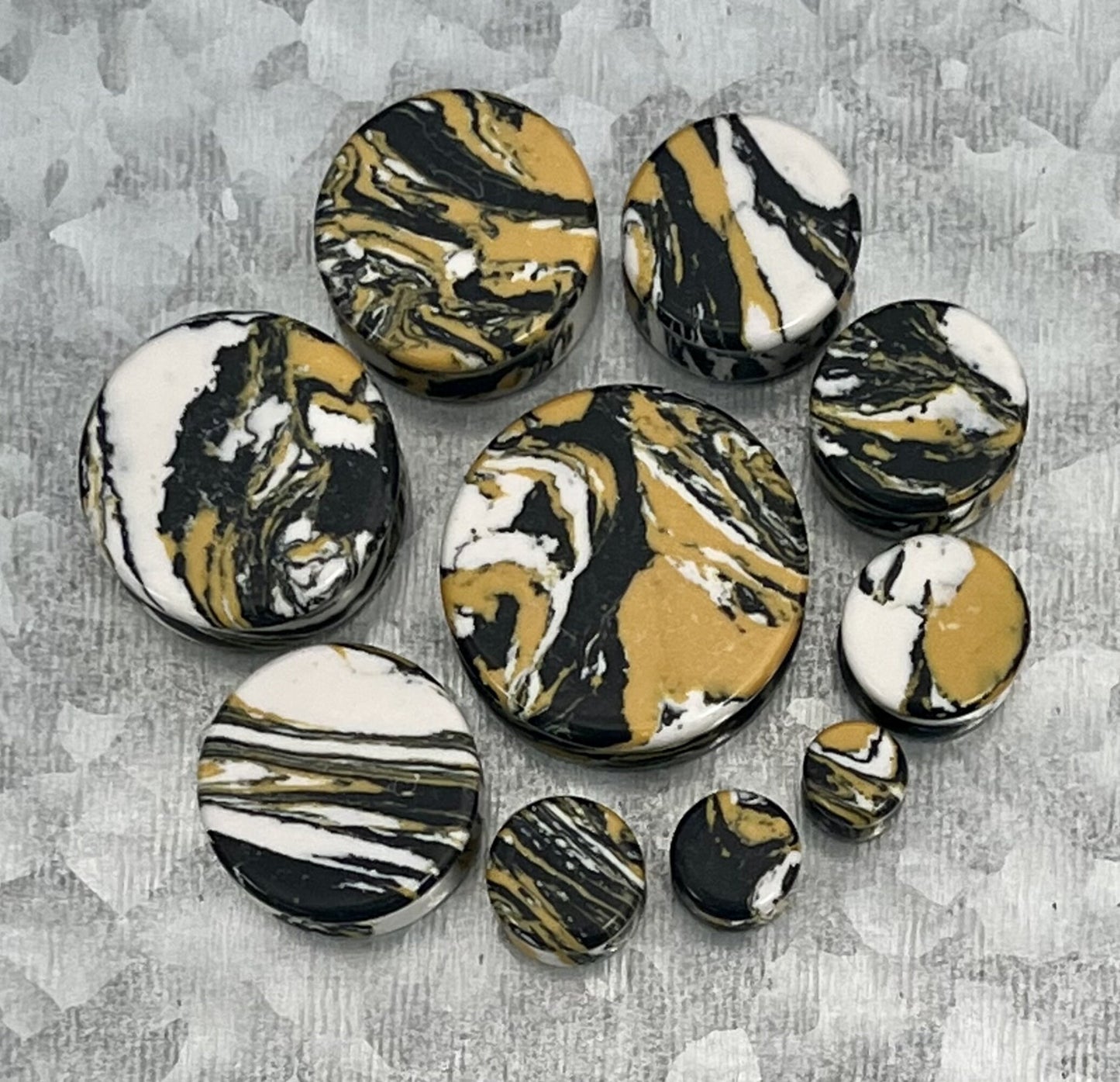 PAIR of Stunning Black, Yellow & White Synthetic Turquoise Double Flare Tunnels/Plugs - Gauges 2g (6mm) thru 1" (25mm) available!