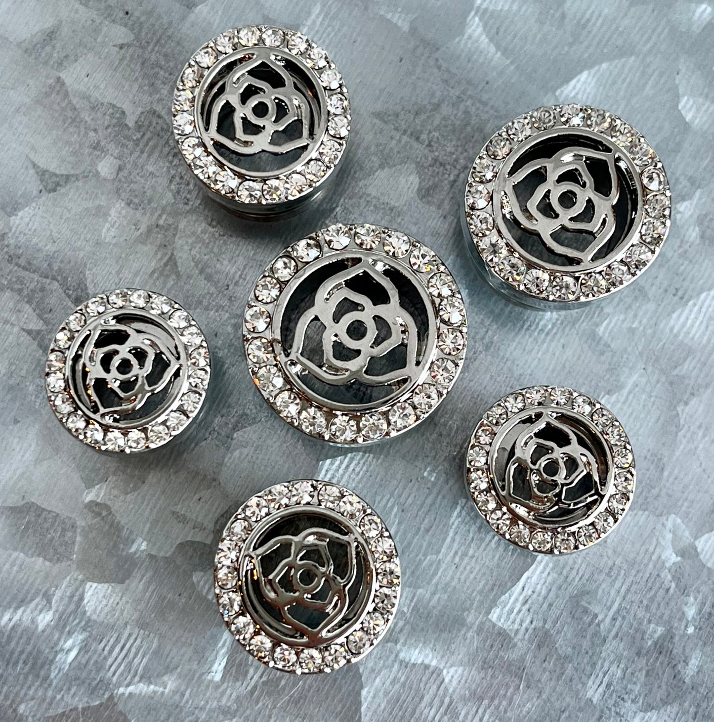 PAIR of Unique Crystal Paved Rim with Rose Top Steel Screw Fit Tunnels/Plugs - Gold or Steel - Gauges 00g (10mm) thru 5/8" (16mm) available!