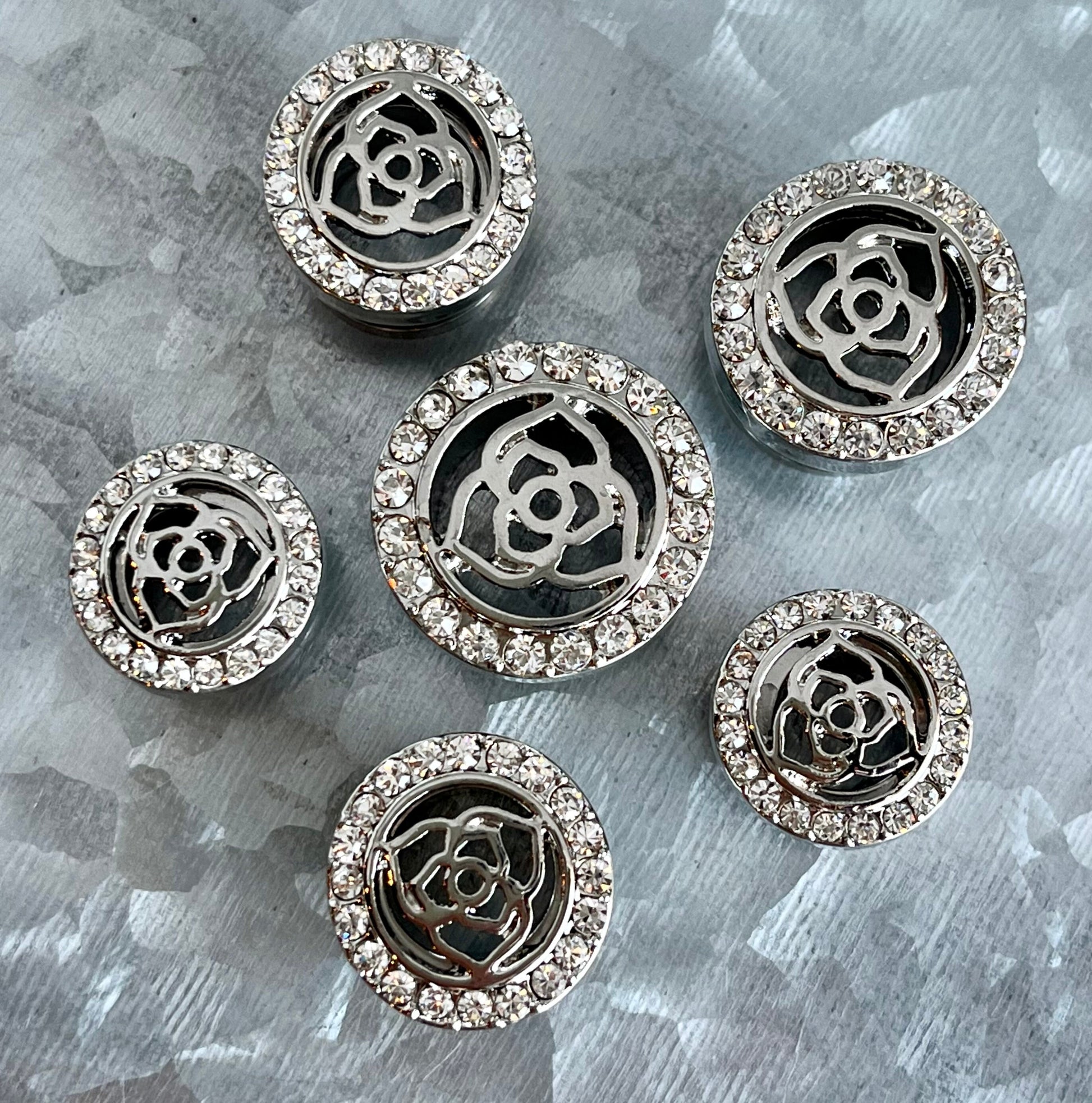 PAIR of Unique Crystal Paved Rim with Rose Top Steel Screw Fit Tunnels/Plugs - Gold or Steel - Gauges 00g (10mm) thru 5/8" (16mm) available!