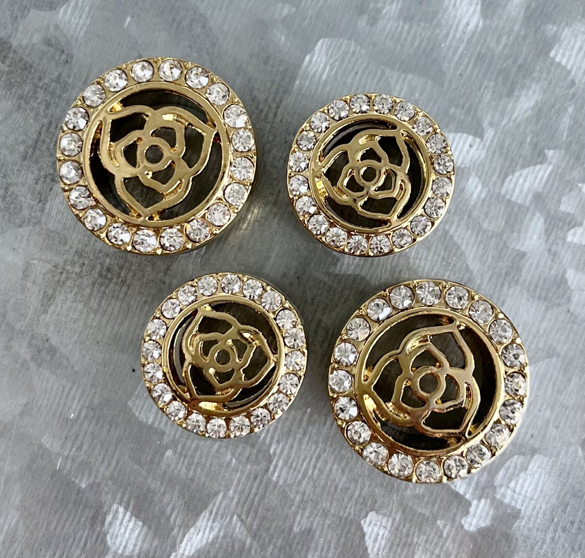 PAIR of Unique Crystal Paved Rim with Rose Top Steel Screw Fit Tunnels/Plugs - Gold or Steel - Gauges 00g (10mm) thru 5/8" (16mm) available!