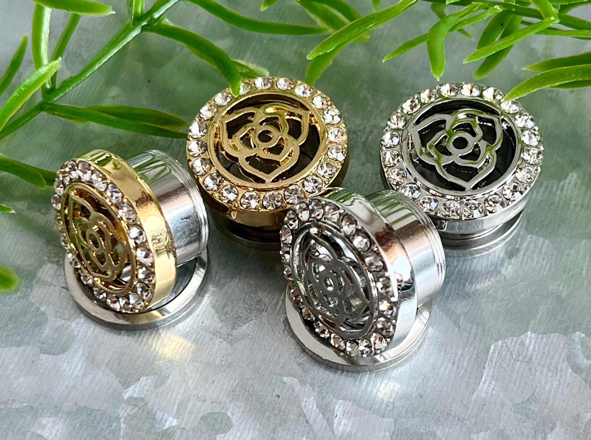PAIR of Unique Crystal Paved Rim with Rose Top Steel Screw Fit Tunnels/Plugs - Gold or Steel - Gauges 00g (10mm) thru 5/8" (16mm) available!