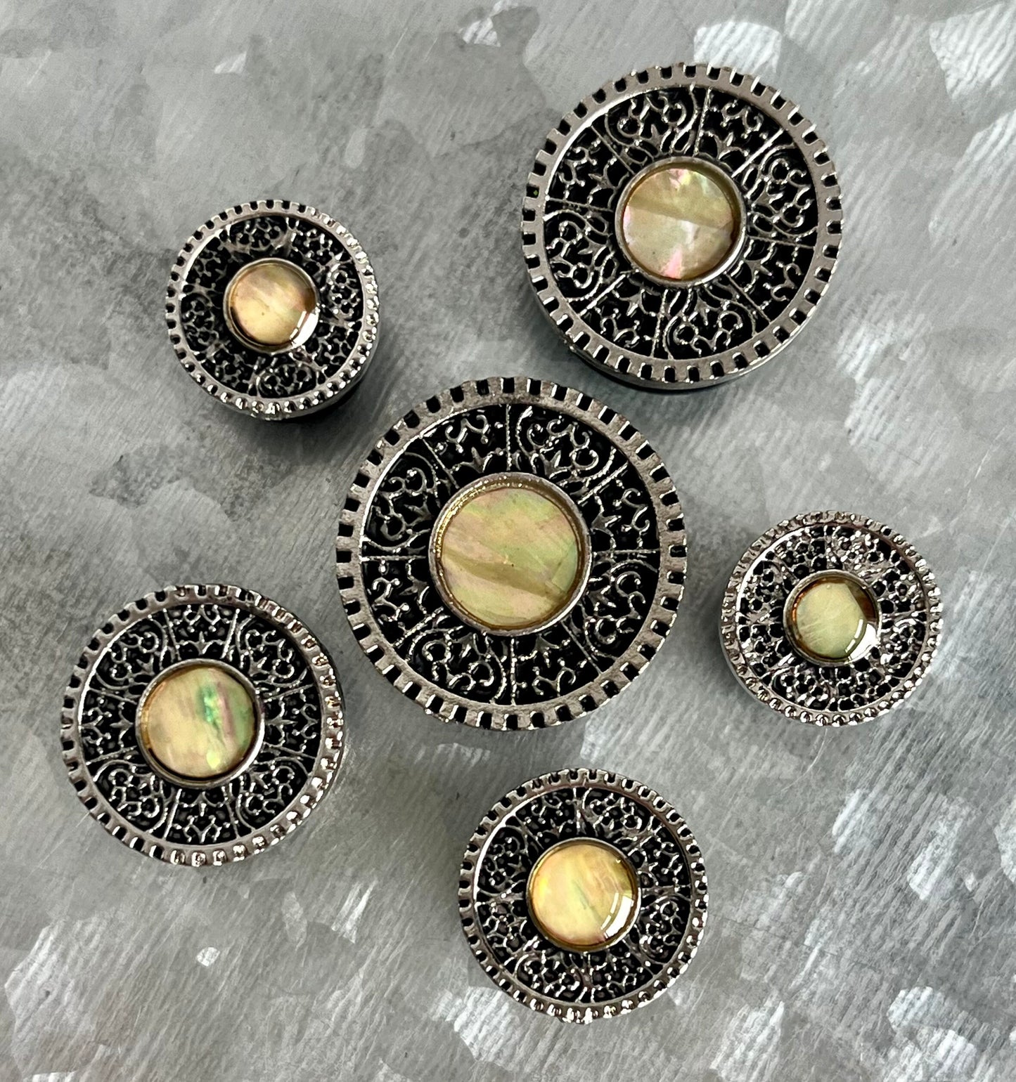 PAIR of Unique Opal Tribal Shield Surgical Steel Single Flare Plugs with O-Rings - Gauges 0g (8mm) thru - 5/16" (16mm) Available!