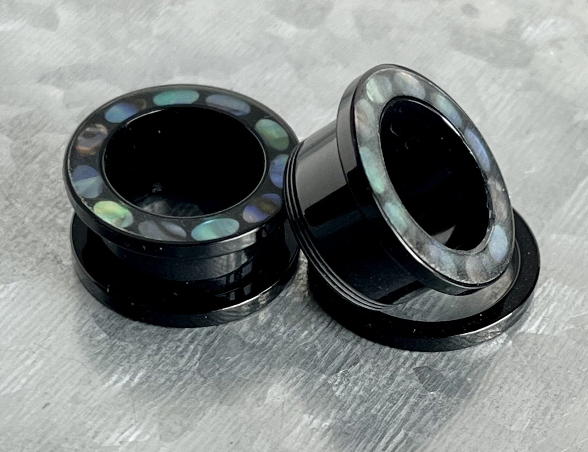 PAIR of Unique Abalone Inlaid Rim Acrylic Screw Fit Tunnels/Plugs - Gauges 0g (8mm) thru 5/8" (16mm) Available!