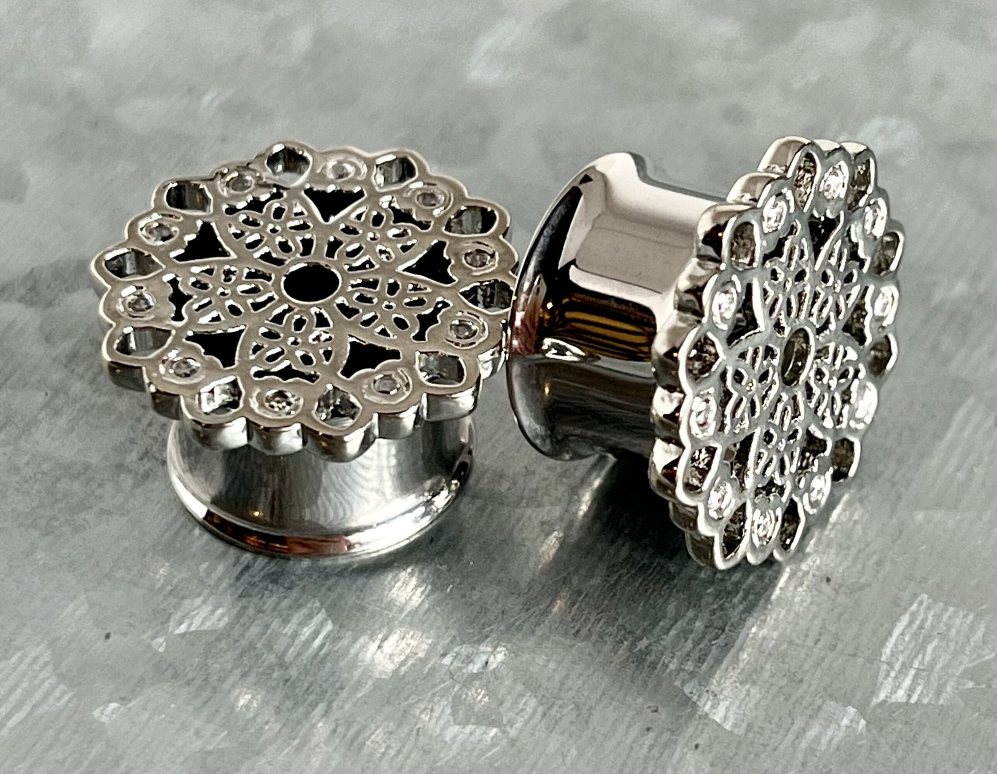 PAIR of Beautiful Crystal Set Vintage Filigree Double Flare Tunnels - Gauges 8g (3mm) thru 5/8" (16mm) available!