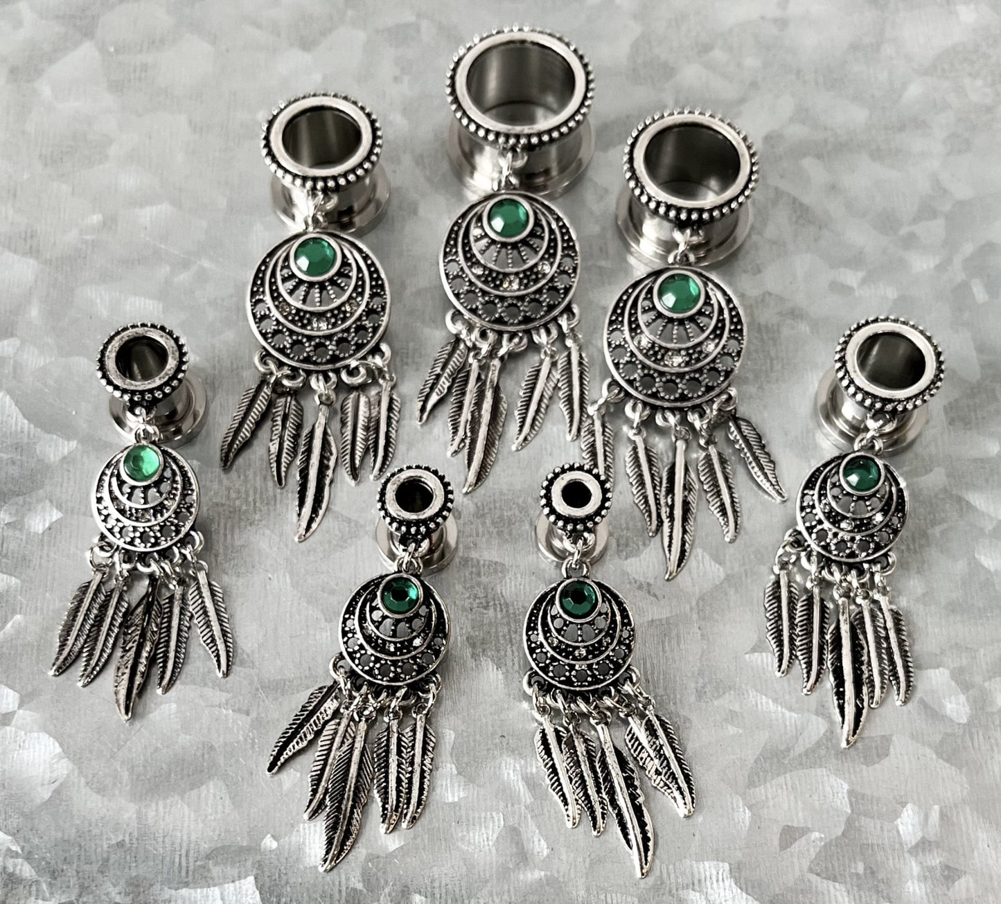 PAIR of Unique Dream Catcher with Beaded Edge and Green Crystal Gem Dangle Screw Fit Tunnels -Gauges 4g (5mm) thru 5/8" (16mm) Available!