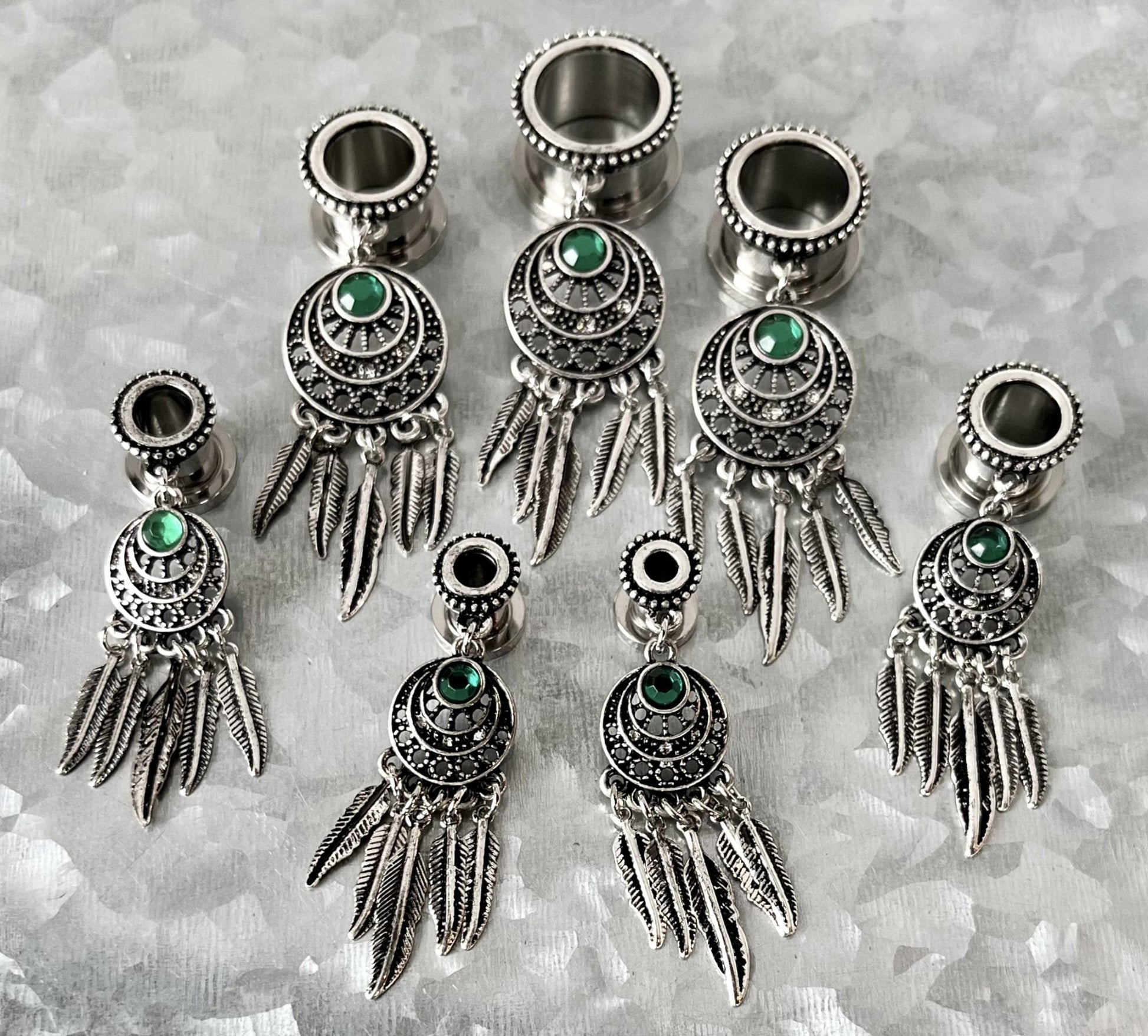 PAIR of Unique Dream Catcher with Beaded Edge and Green Crystal Gem Dangle Screw Fit Tunnels -Gauges 4g (5mm) thru 5/8" (16mm) Available!