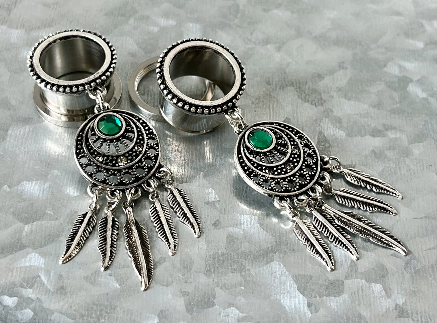 PAIR of Unique Dream Catcher with Beaded Edge and Green Crystal Gem Dangle Screw Fit Tunnels -Gauges 4g (5mm) thru 5/8" (16mm) Available!