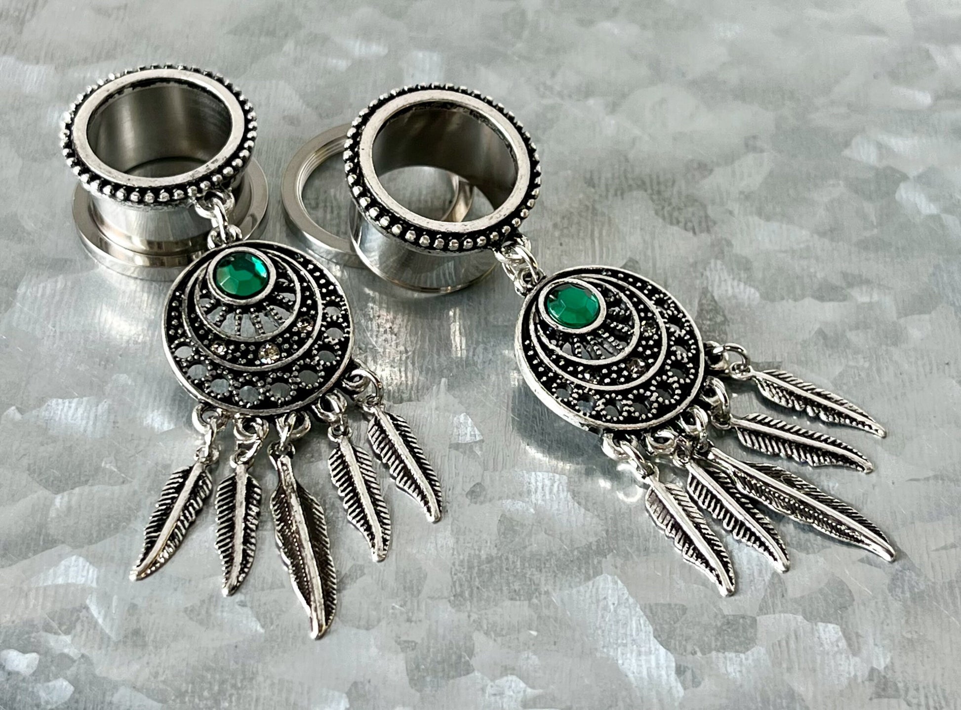 PAIR of Unique Dream Catcher with Beaded Edge and Green Crystal Gem Dangle Screw Fit Tunnels -Gauges 4g (5mm) thru 5/8" (16mm) Available!