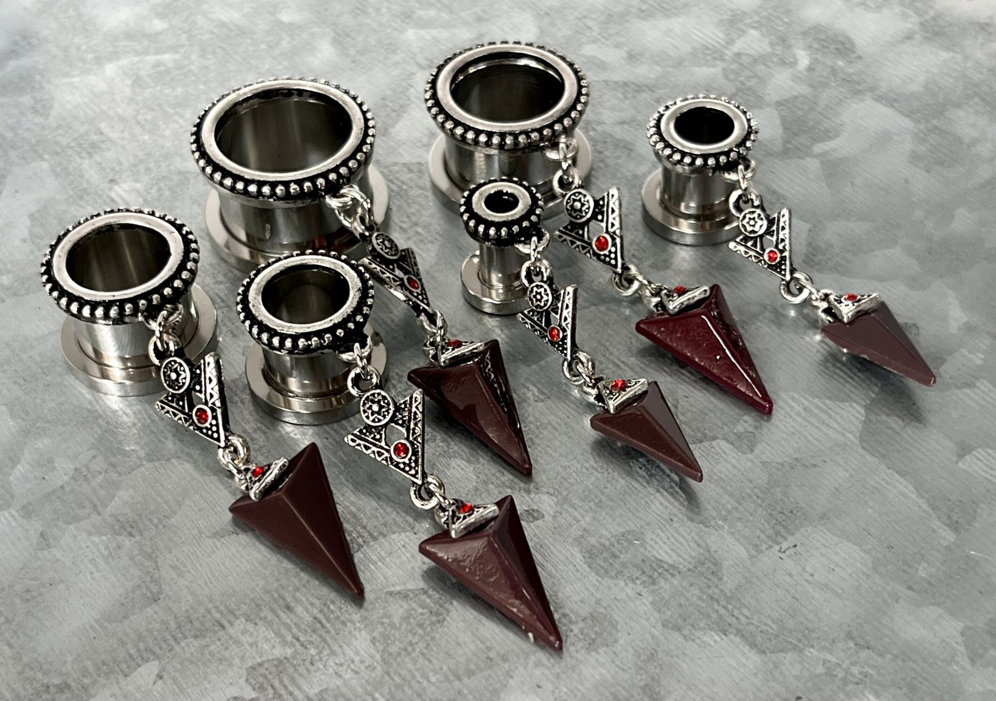 PAIR of Stunning Tribal Arrow Dangle Beaded Edge Screw Fit Tunnels - Gauges 4g (5mm) thru 5/8" (16mm) Available!