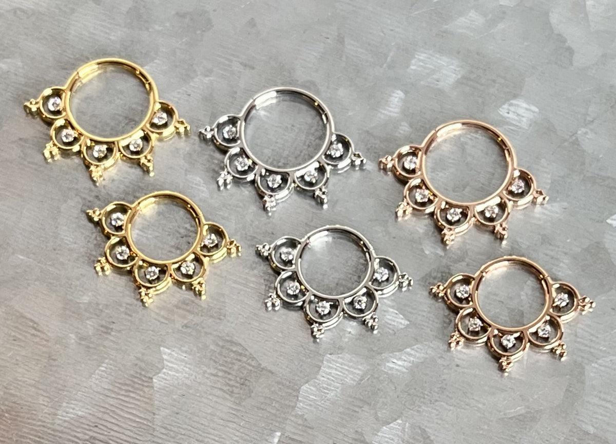 1 Piece Stunning Gem Center Petals Hinged Segment Ring - 16g - 10mm or 8mm - Silver, Gold & Rose Gold Available!