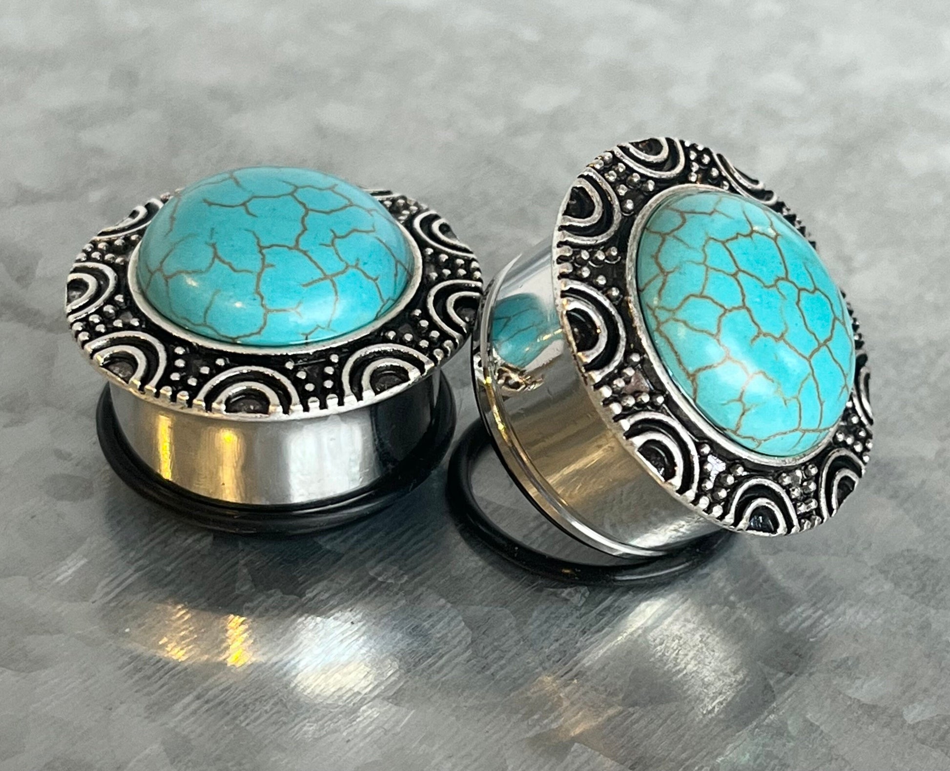 PAIR of Unique Turquoise Brass Top Surgical Steel Single Flare Plugs with O-Rings - Gauges 0g (8mm) thru - 1" (25mm) Available!