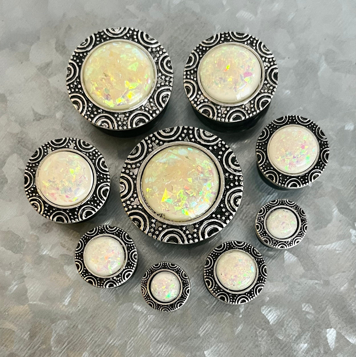PAIR of Beautiful Synthetic Opal Brass Top Surgical Steel Single Flare Plugs with O-Rings - Gauges 2g (6mm) thru - 1" (25mm) Available!