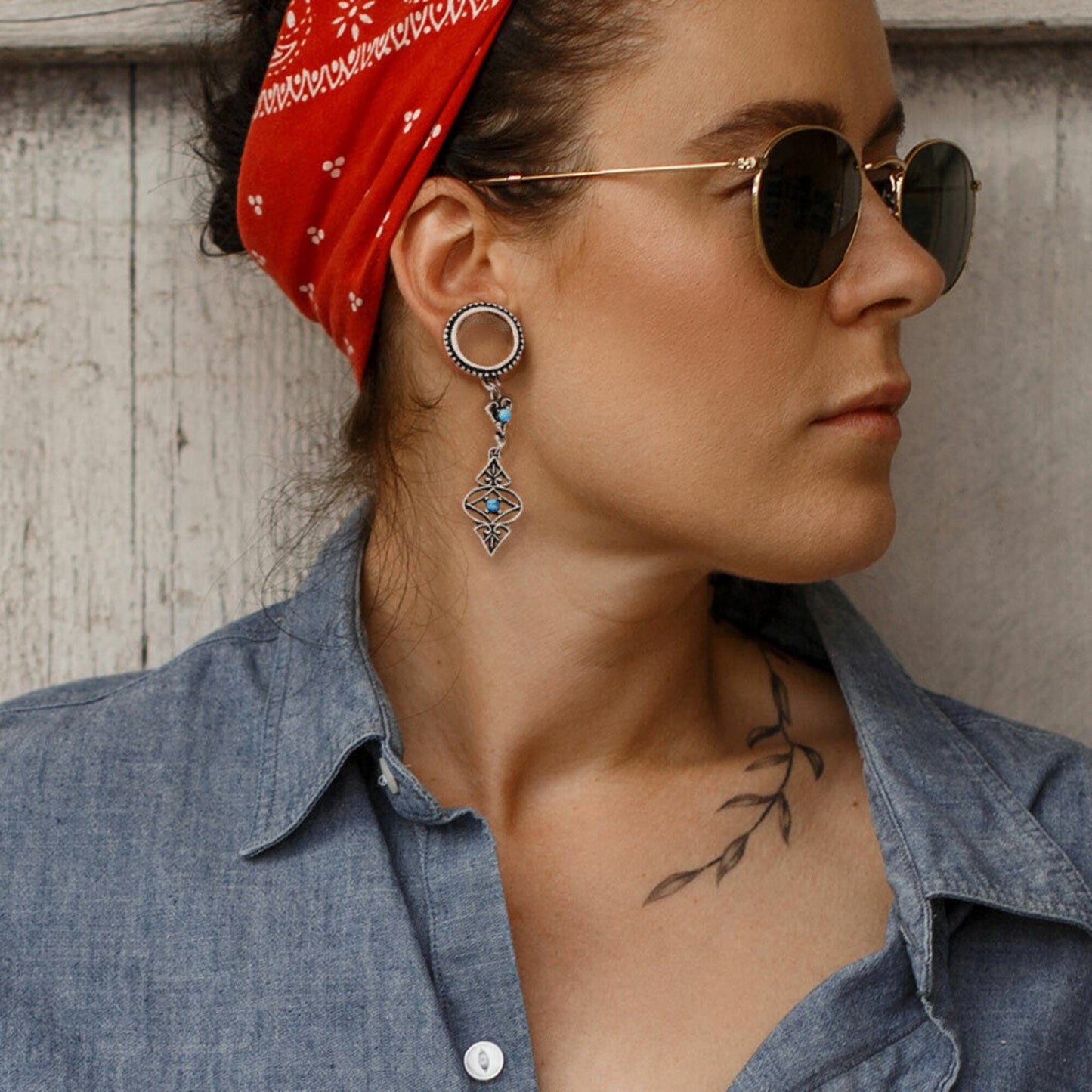 PAIR of Beautiful Turquoise Tribal Charms Dangle Screw Fit Tunnels/Plugs - Gauges 2g (6mm) thru 5/8" (16mm) Available!
