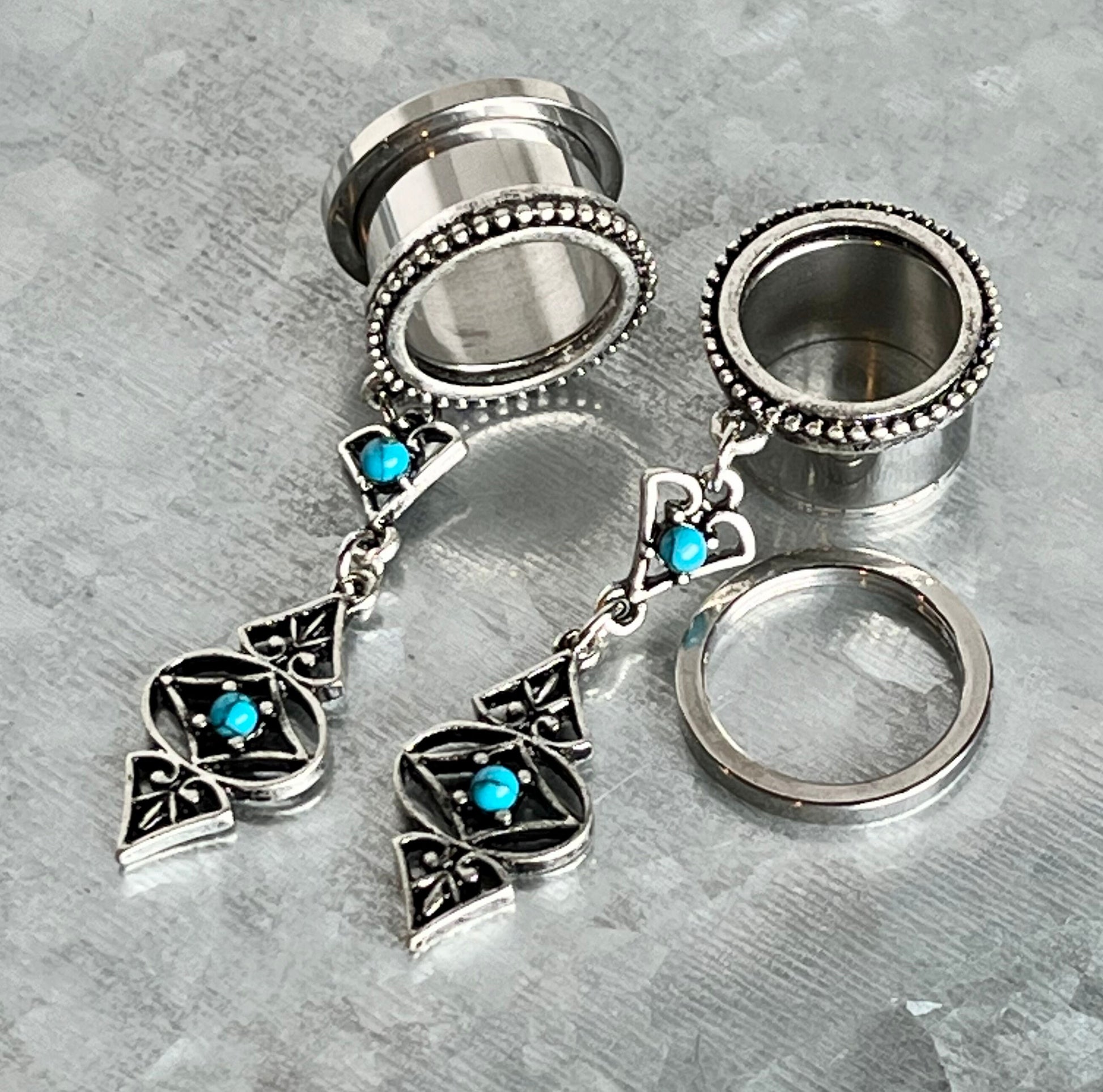 PAIR of Beautiful Turquoise Tribal Charms Dangle Screw Fit Tunnels/Plugs - Gauges 2g (6mm) thru 5/8" (16mm) Available!