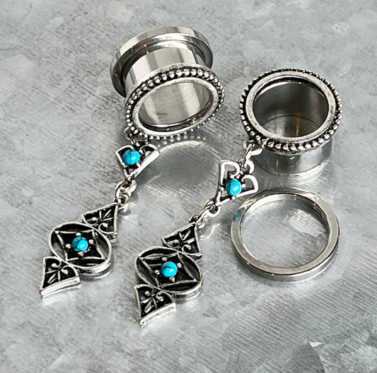 PAIR of Beautiful Turquoise Tribal Charms Dangle Screw Fit Tunnels/Plugs - Gauges 2g (6mm) thru 5/8" (16mm) Available!
