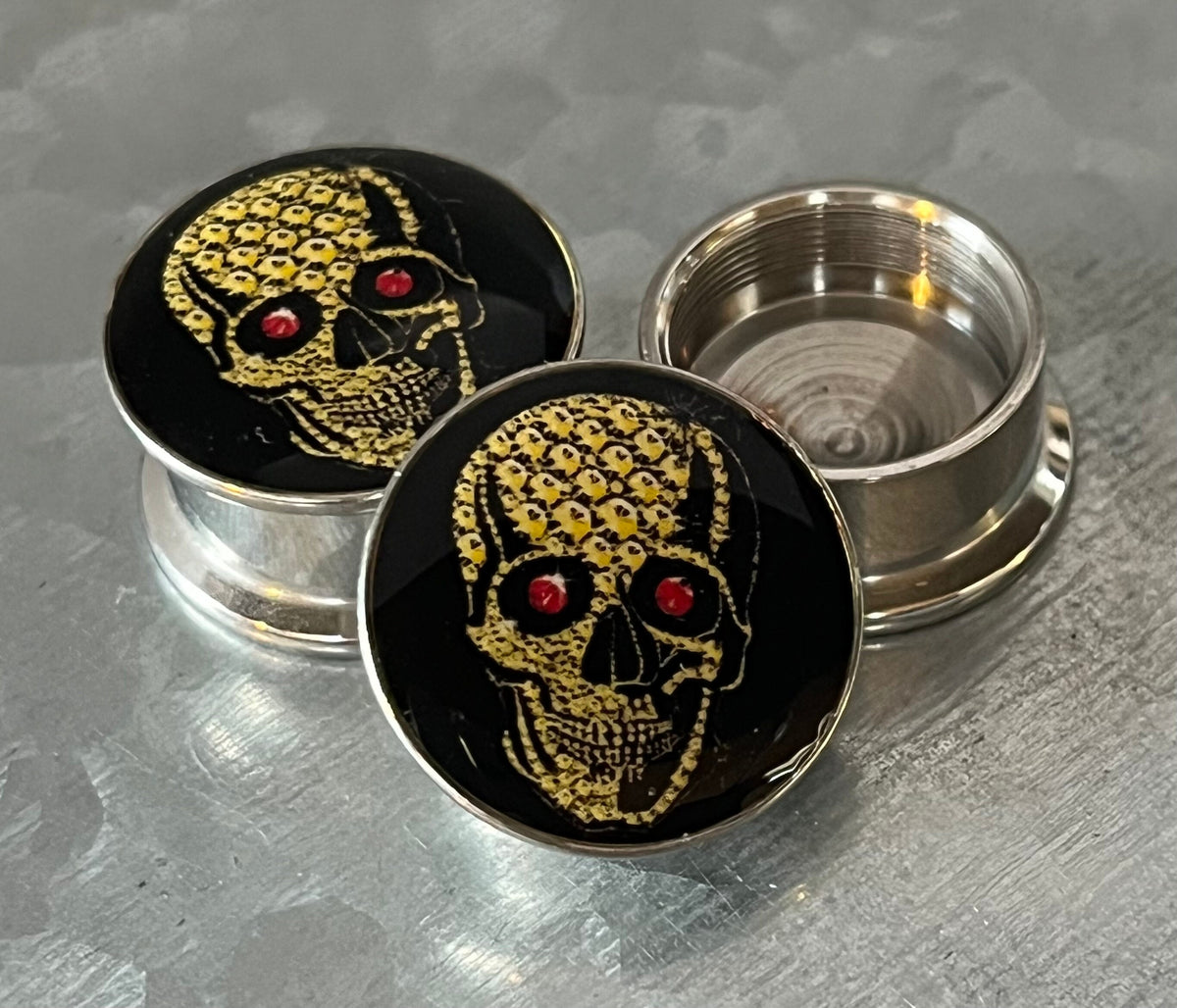 PAIR of Unique Yellow Skull with Red Eyes Steel Screw Fit Stash Plugs/Tunnels - Gauges 2g (6mm) thru 5/8" (16mm) available!