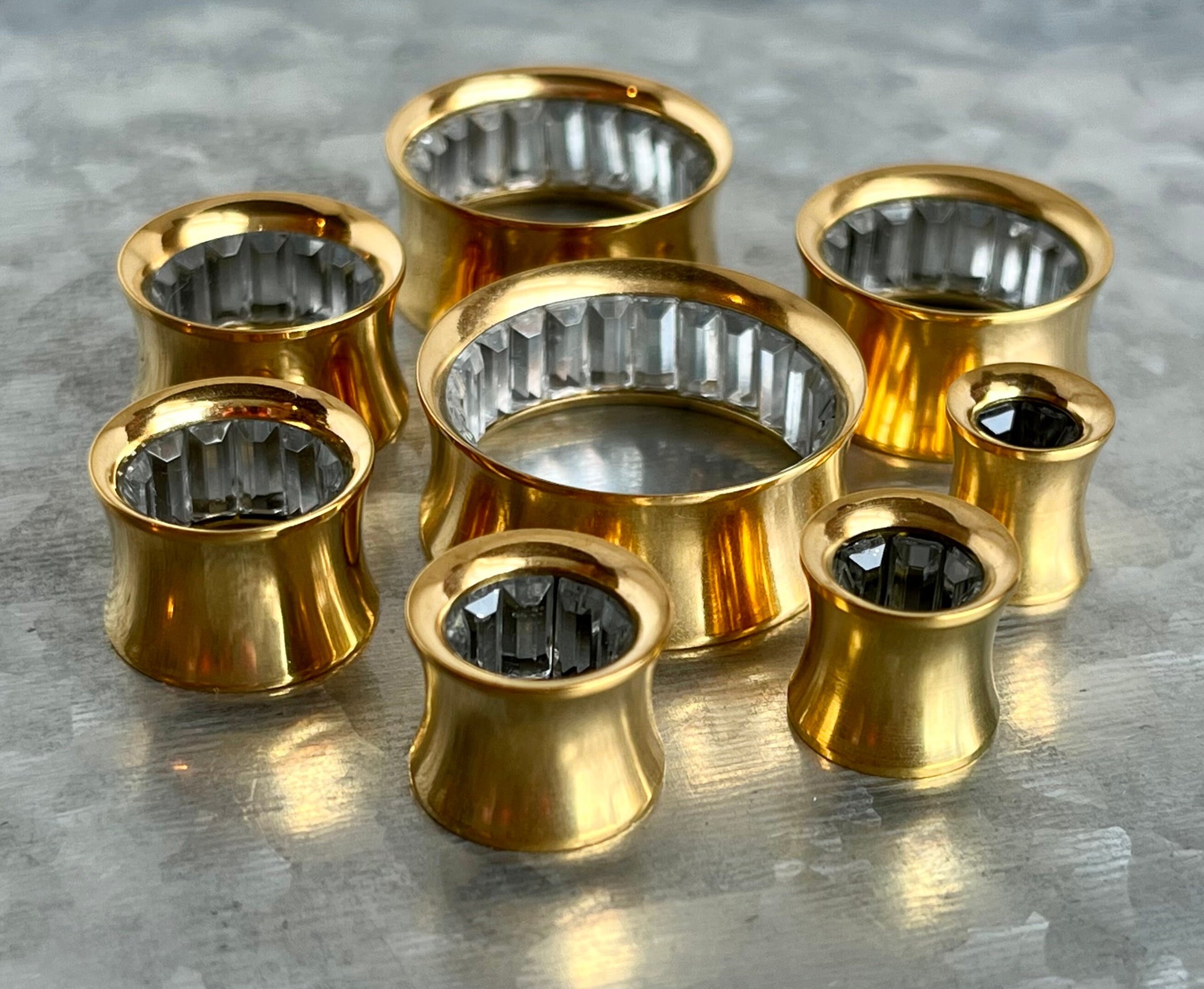 PAIR of Stunning Gold Ion Plated Steel Saddle Tunnels with CZ Inner Gems - Gauges -2g (8mm) thru 1" (25mm) available!