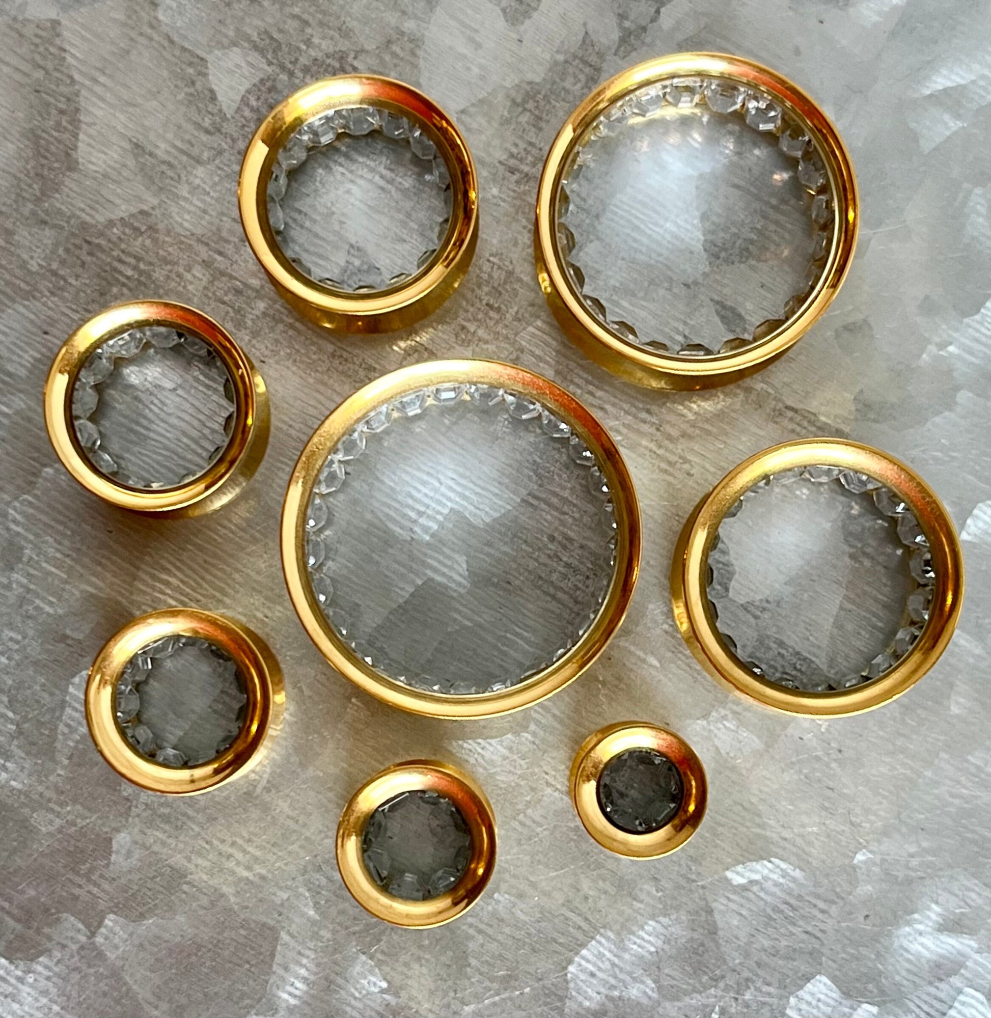 PAIR of Stunning Gold Ion Plated Steel Saddle Tunnels with CZ Inner Gems - Gauges -2g (8mm) thru 1" (25mm) available!