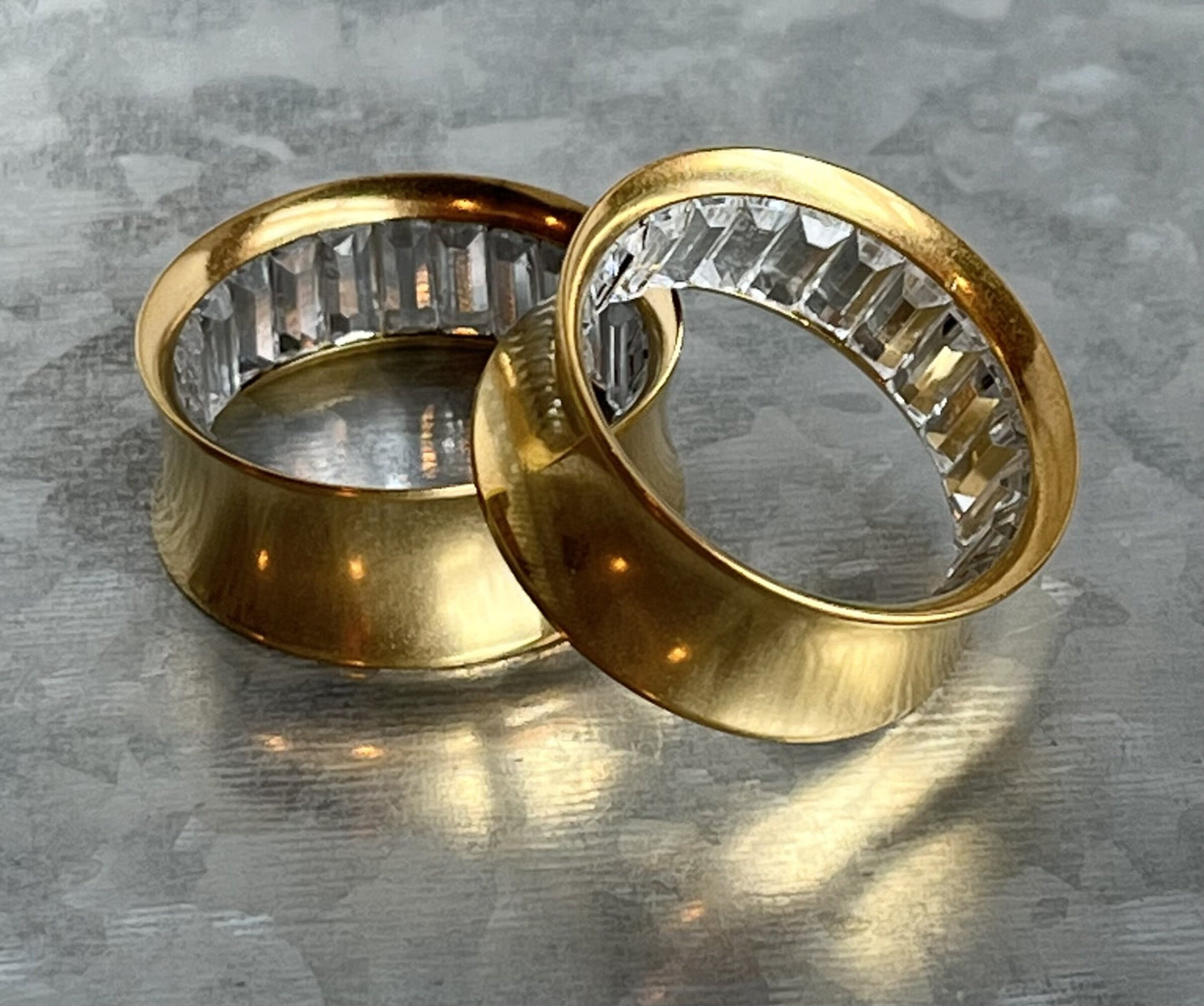 PAIR of Stunning Gold Ion Plated Steel Saddle Tunnels with CZ Inner Gems - Gauges -2g (8mm) thru 1" (25mm) available!