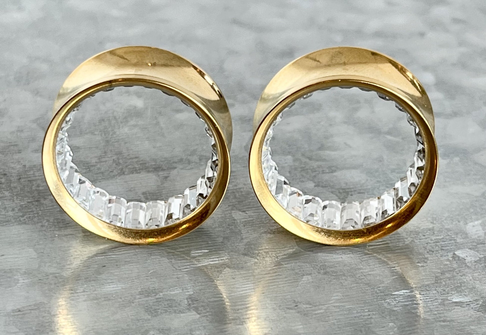 PAIR of Stunning Gold Ion Plated Steel Saddle Tunnels with CZ Inner Gems - Gauges -2g (8mm) thru 1" (25mm) available!