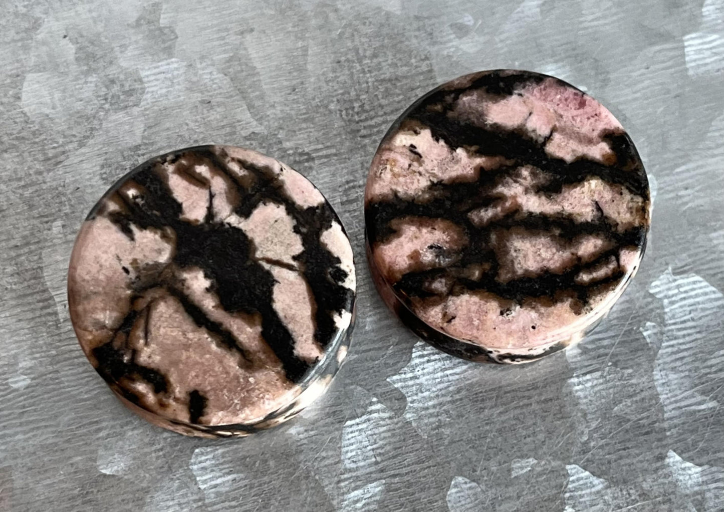 PAIR of Unusual Rhodonite Black & Pink Organic Natural Stone Double Flare Plugs/Tunnels - Gauges 4g (5mm) up to 1" (25mm) available!