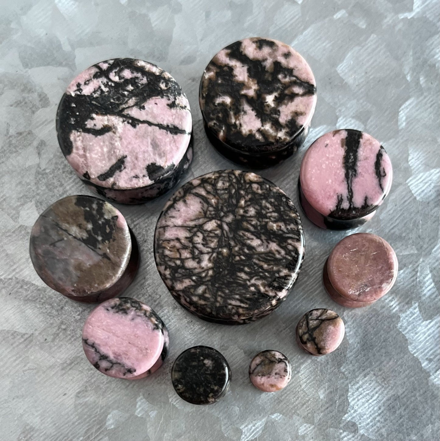 PAIR of Unusual Rhodonite Black & Pink Organic Natural Stone Double Flare Plugs/Tunnels - Gauges 4g (5mm) up to 1" (25mm) available!