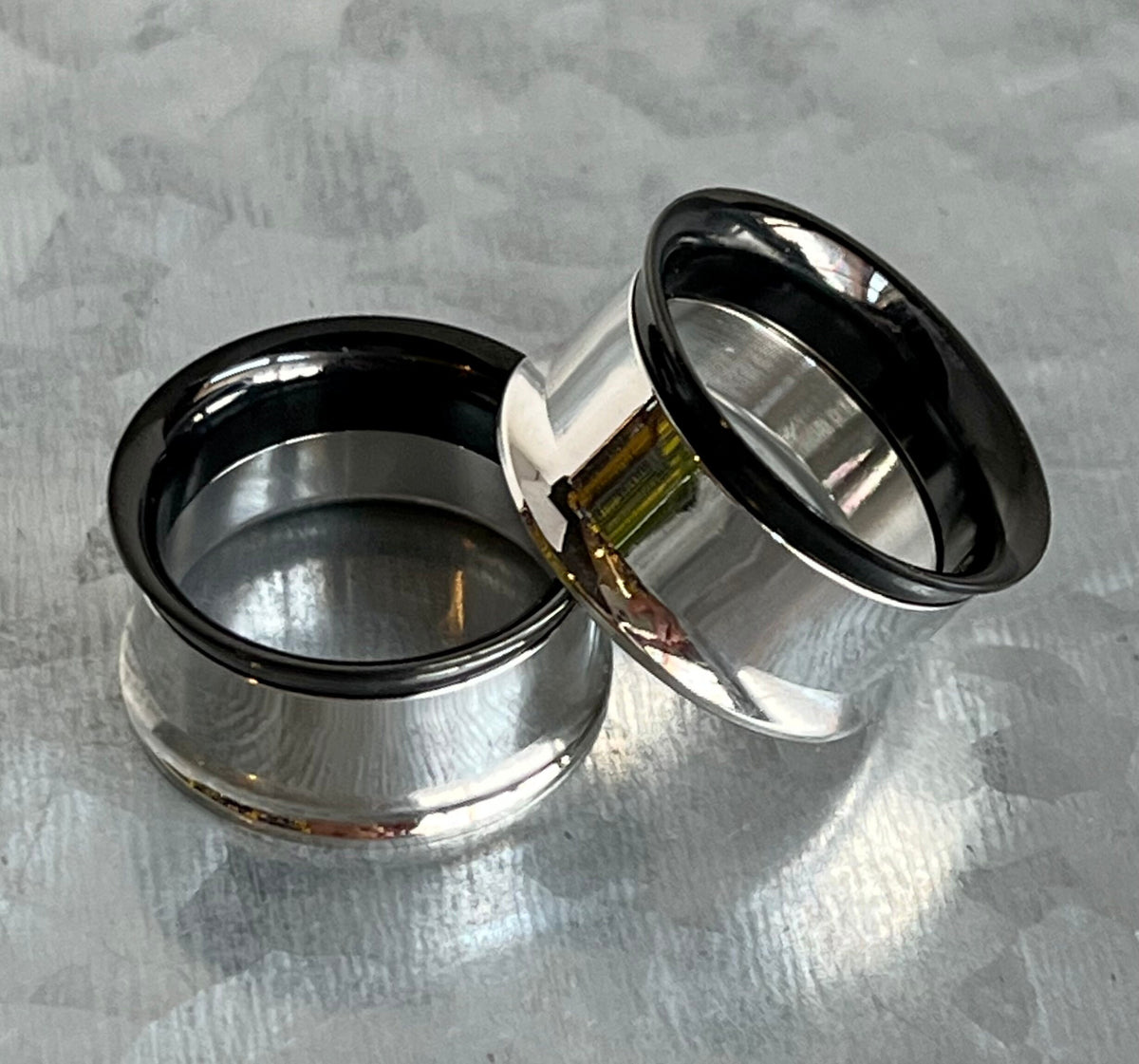 PAIR of Stunning Two Sided Black and Steel Internally Threaded Tunnels/Plugs - Gauges 2g (6mm) thru 3/4" (19mm) available!