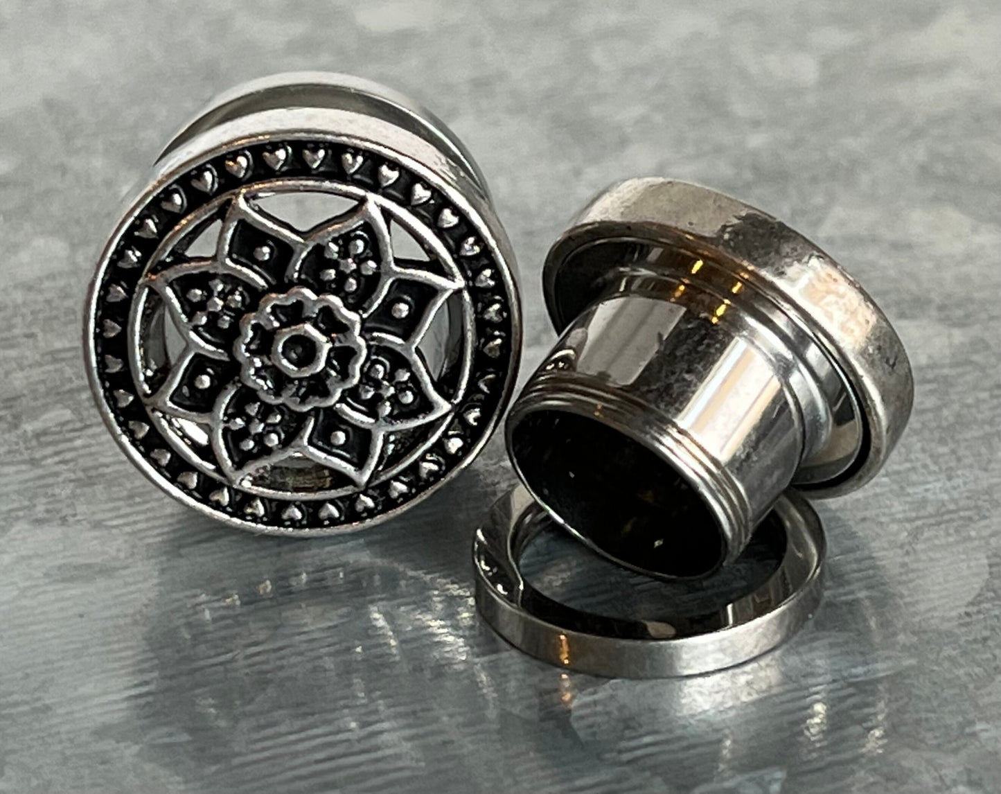 PAIR of Stunning Gold, Silver or Bronze Tribal Lotus Flower Steel Screw Fit Flesh Tunnels/Plugs -Gauges 2g (6mm) thru 5/8" (16mm) available!
