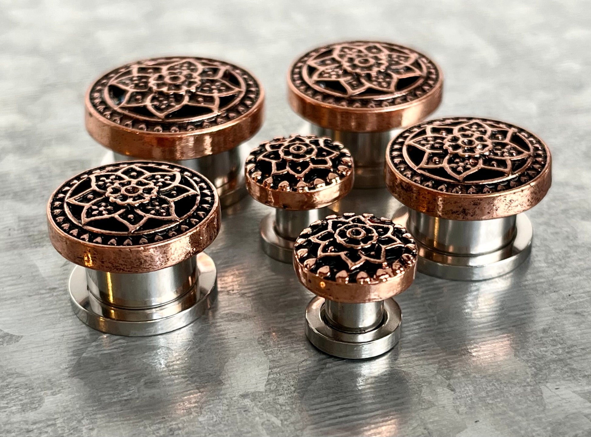 PAIR of Stunning Gold, Silver or Bronze Tribal Lotus Flower Steel Screw Fit Flesh Tunnels/Plugs -Gauges 2g (6mm) thru 5/8" (16mm) available!