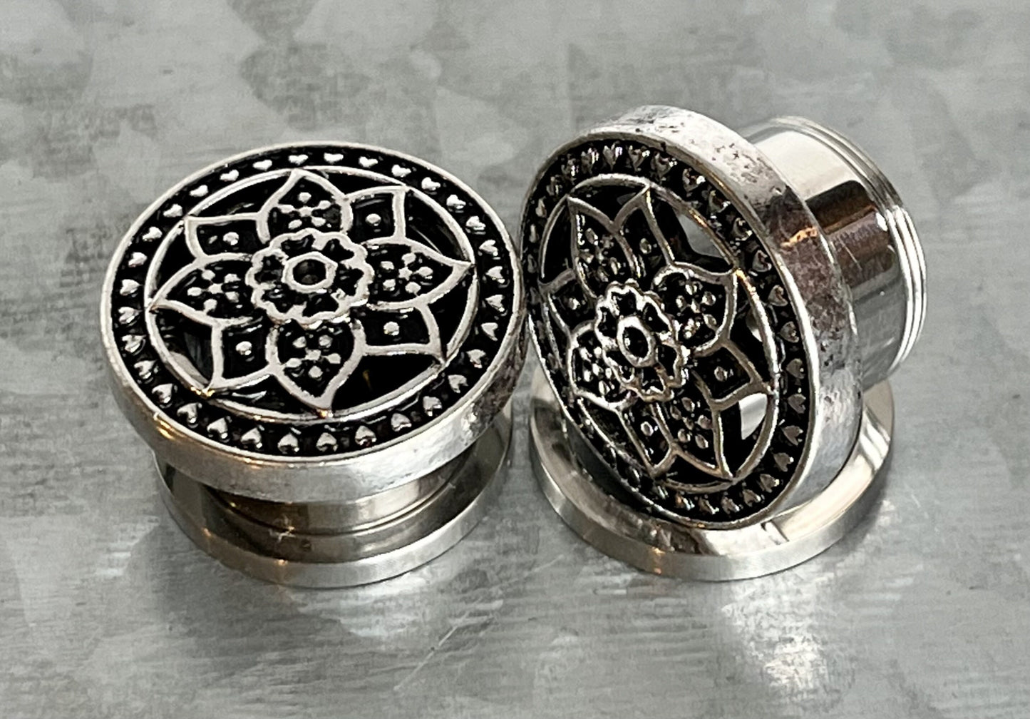 PAIR of Stunning Gold, Silver or Bronze Tribal Lotus Flower Steel Screw Fit Flesh Tunnels/Plugs -Gauges 2g (6mm) thru 5/8" (16mm) available!