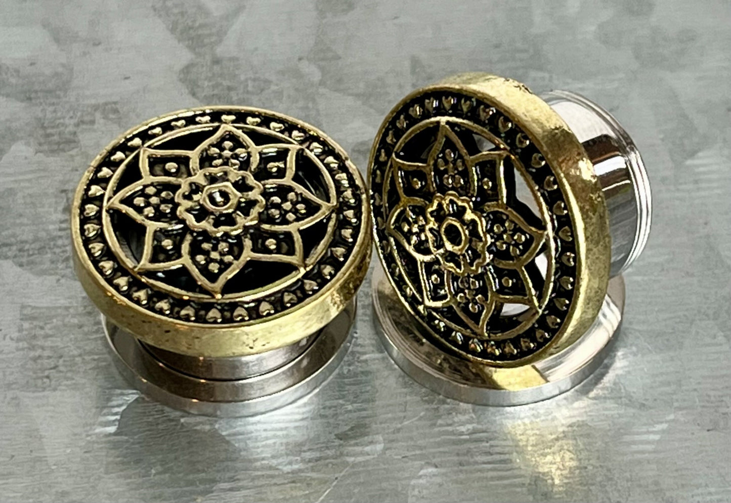 PAIR of Stunning Gold, Silver or Bronze Tribal Lotus Flower Steel Screw Fit Flesh Tunnels/Plugs -Gauges 2g (6mm) thru 5/8" (16mm) available!