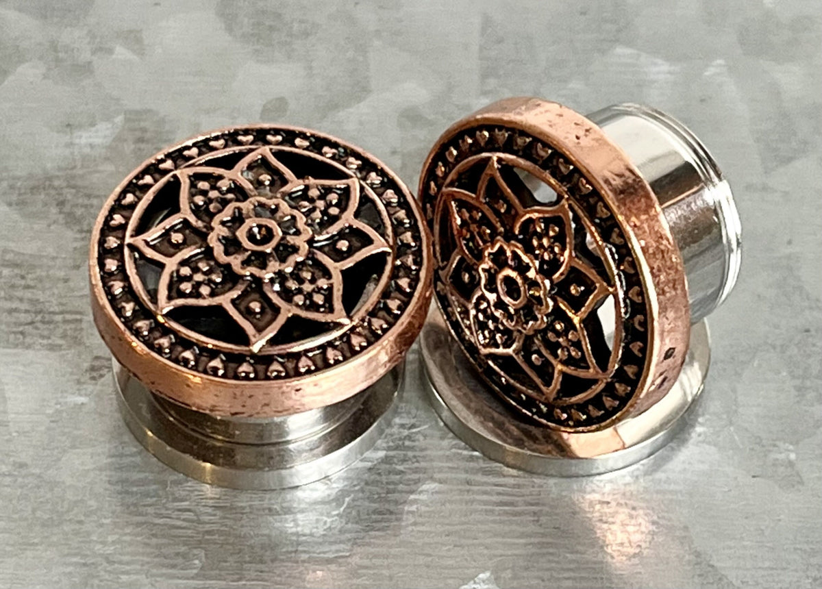 PAIR of Stunning Gold, Silver or Bronze Tribal Lotus Flower Steel Screw Fit Flesh Tunnels/Plugs -Gauges 2g (6mm) thru 5/8" (16mm) available!