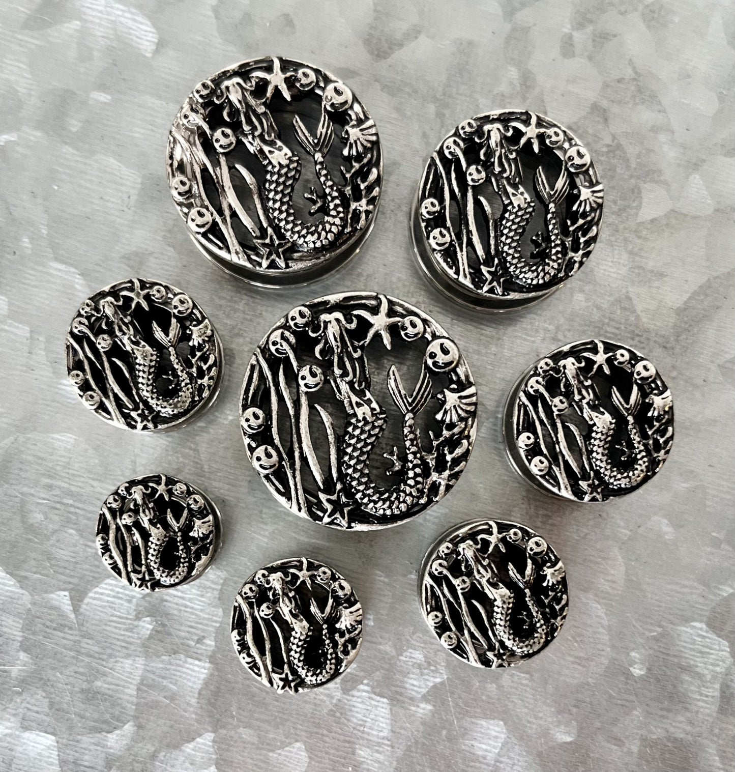 PAIR of Stunning Siren - Mermaid Surgical Steel Screw Fit Stainless Steel Tunnels/Plugs - Gauges 00g (10mm) thru 1" (25mm) available!