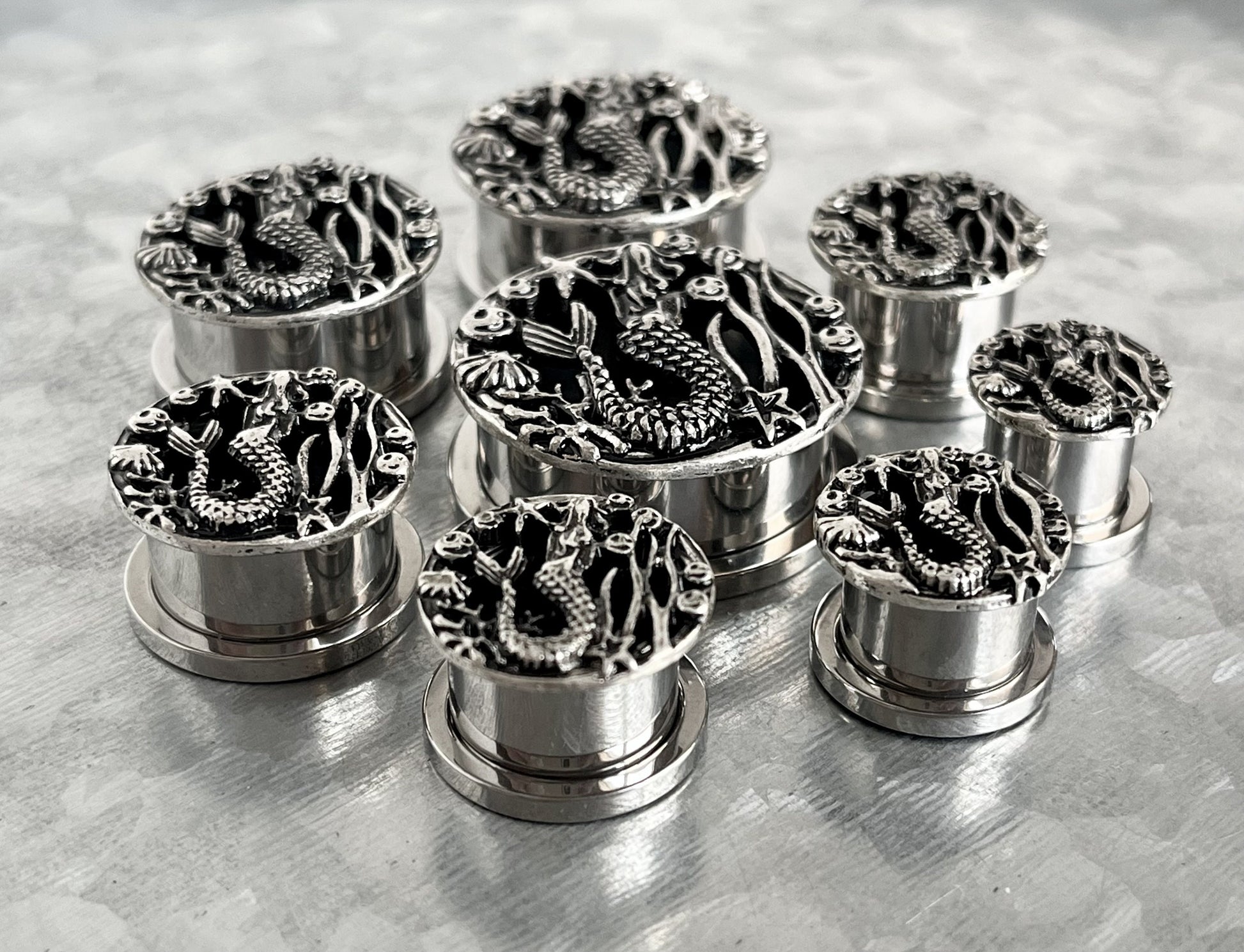 PAIR of Stunning Siren - Mermaid Surgical Steel Screw Fit Stainless Steel Tunnels/Plugs - Gauges 00g (10mm) thru 1" (25mm) available!