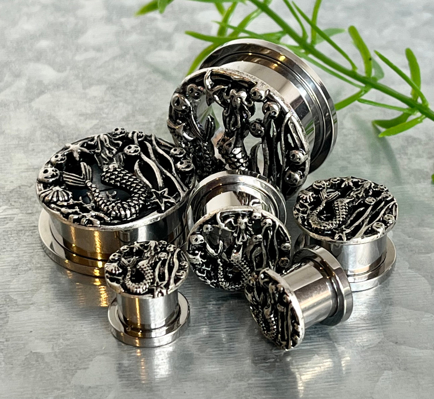 PAIR of Stunning Siren - Mermaid Surgical Steel Screw Fit Stainless Steel Tunnels/Plugs - Gauges 00g (10mm) thru 1" (25mm) available!