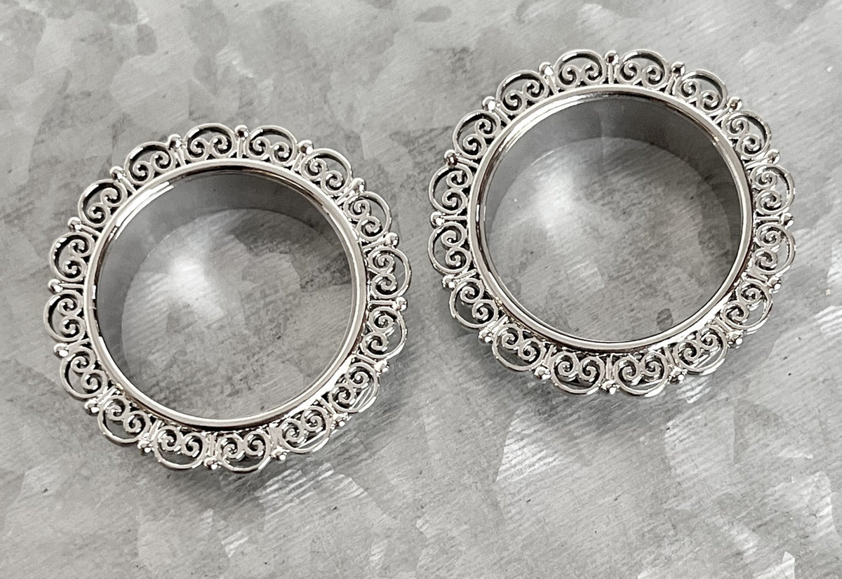 PAIR of Stunning Heart Filigree Top Screw Fit Tunnels/Plugs - Gauges 2g (6mm) thru 1" (25mm) available!