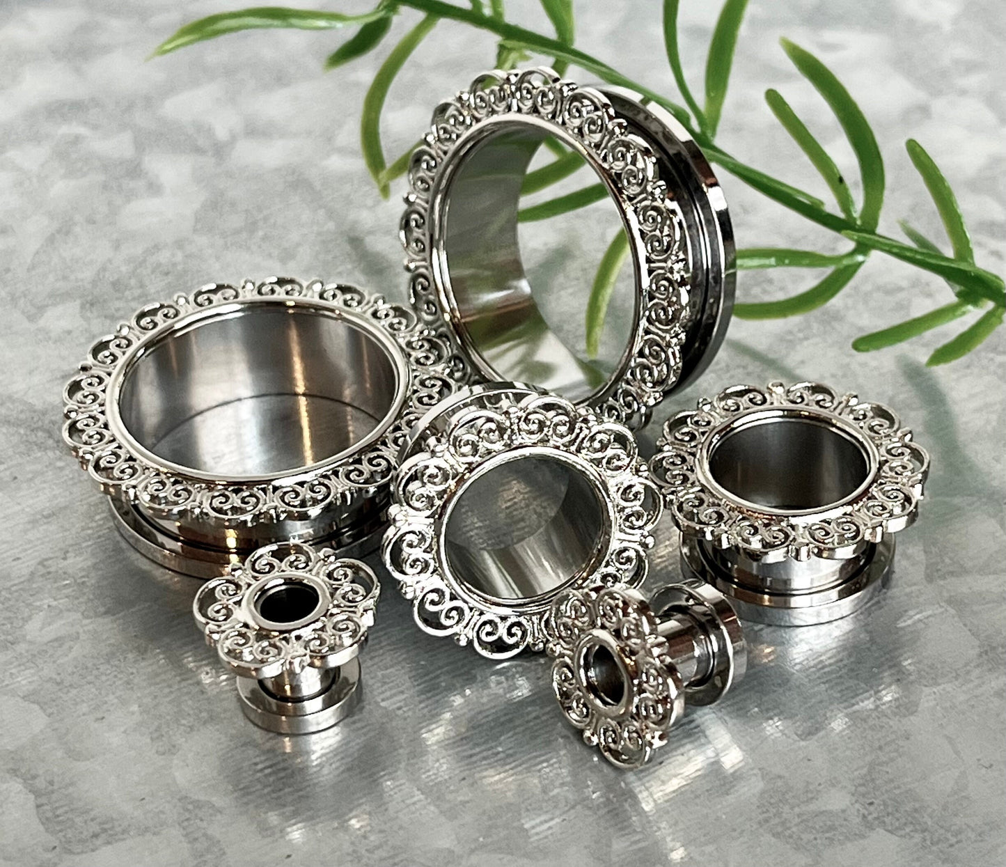 PAIR of Stunning Heart Filigree Top Screw Fit Tunnels/Plugs - Gauges 2g (6mm) thru 1" (25mm) available!