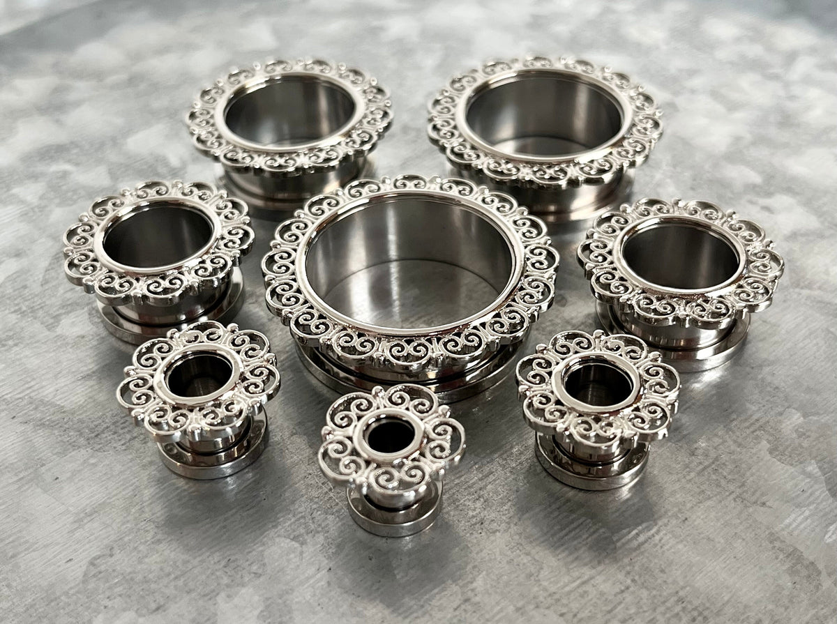 PAIR of Stunning Heart Filigree Top Screw Fit Tunnels/Plugs - Gauges 2g (6mm) thru 1" (25mm) available!