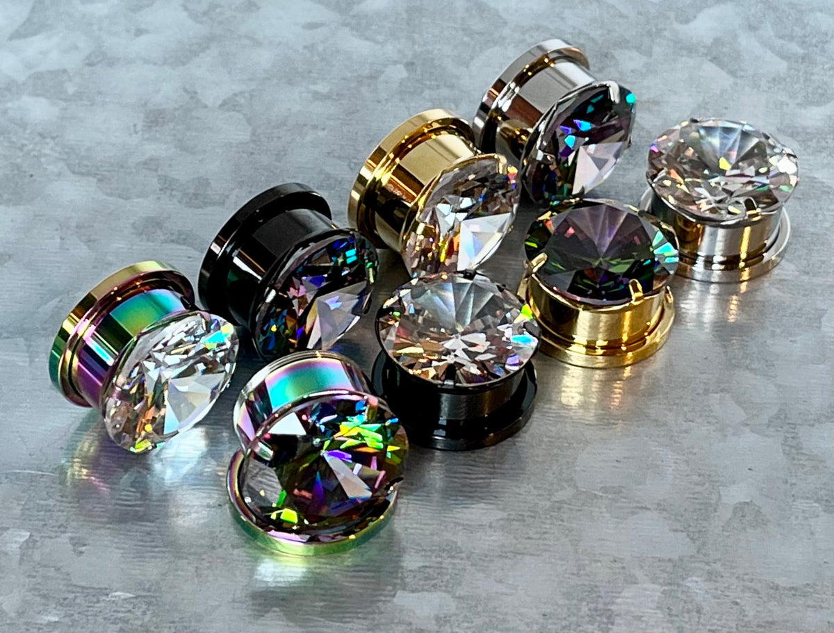 PAIR of Stunning Large CZ Gem Screw Fit Steel Tunnels / Plugs - Gauges 2g (6mm) thru 5/8" (16mm) & 8 Colors Combos Available!