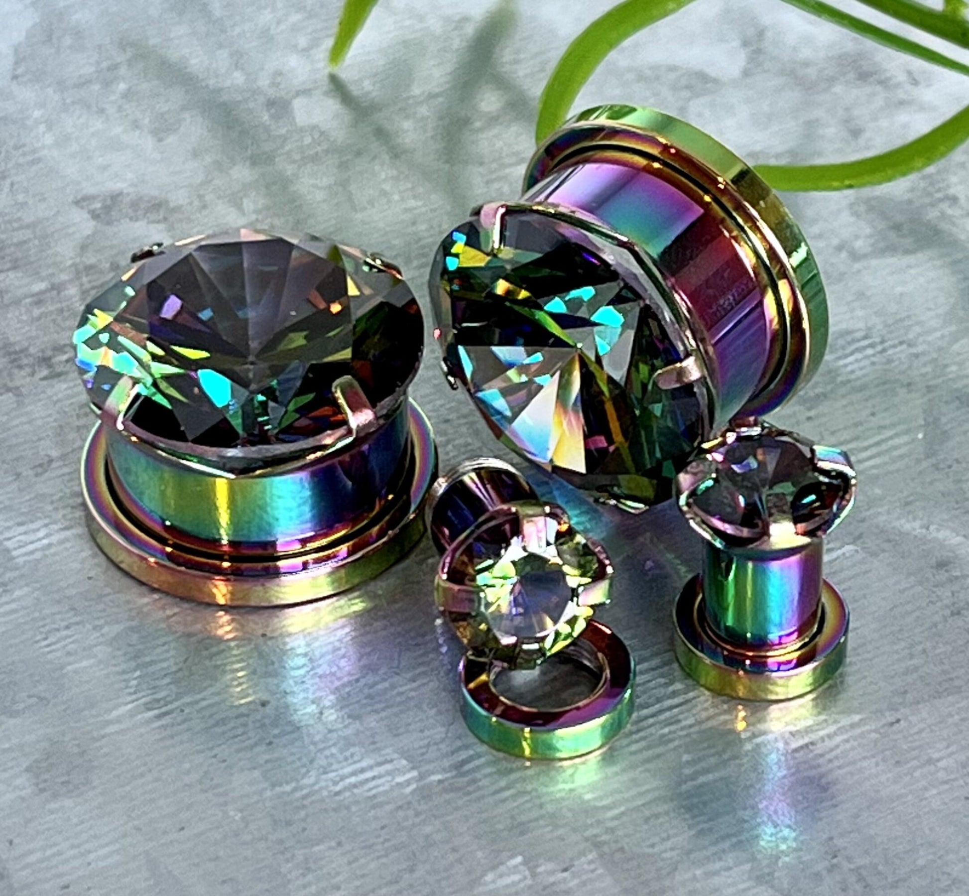 PAIR of Stunning Large CZ Gem Screw Fit Steel Tunnels / Plugs - Gauges 2g (6mm) thru 5/8" (16mm) & 8 Colors Combos Available!