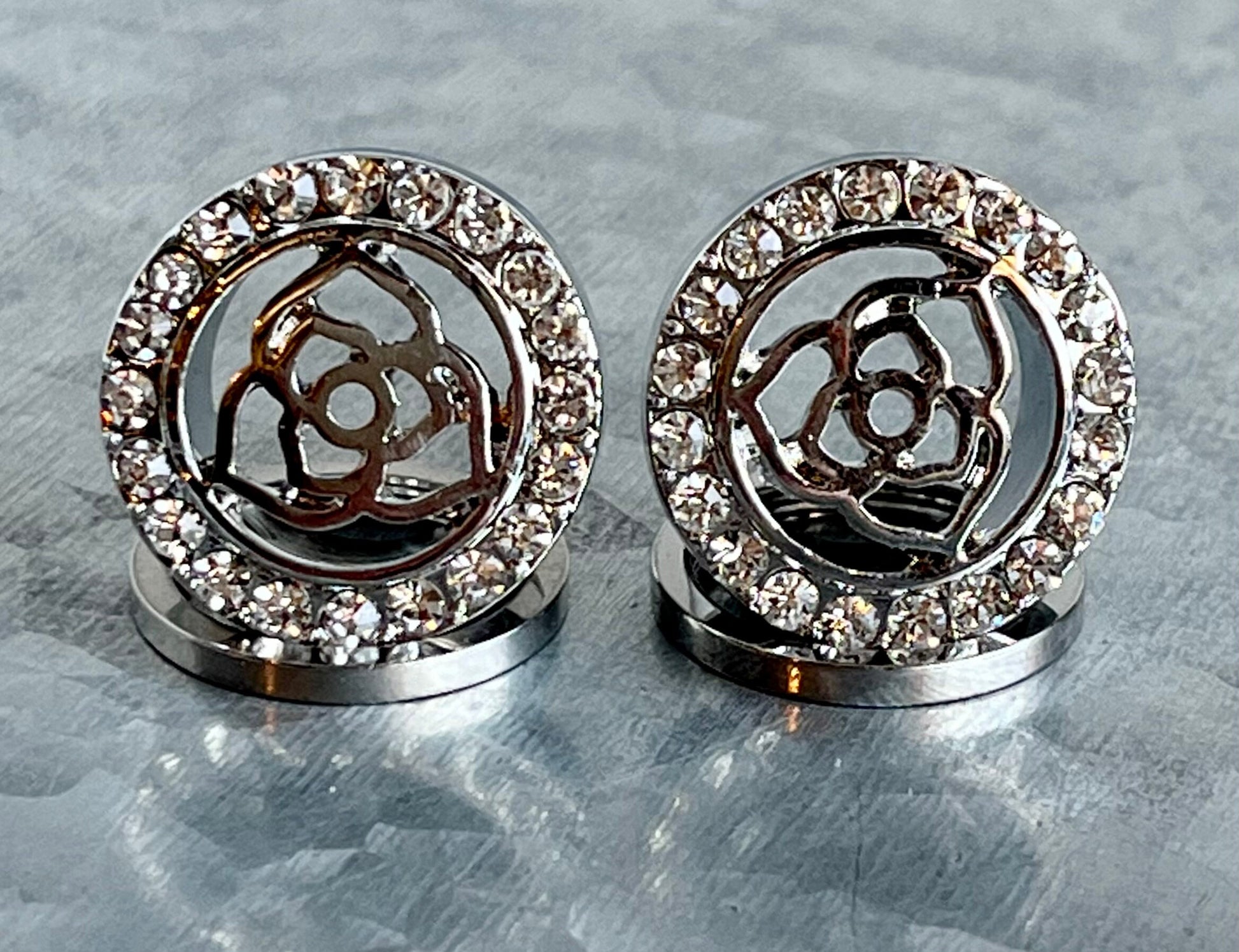 PAIR of Unique Crystal Paved Rim with Rose Top Steel Screw Fit Tunnels/Plugs - Gold or Steel - Gauges 00g (10mm) thru 5/8" (16mm) available!