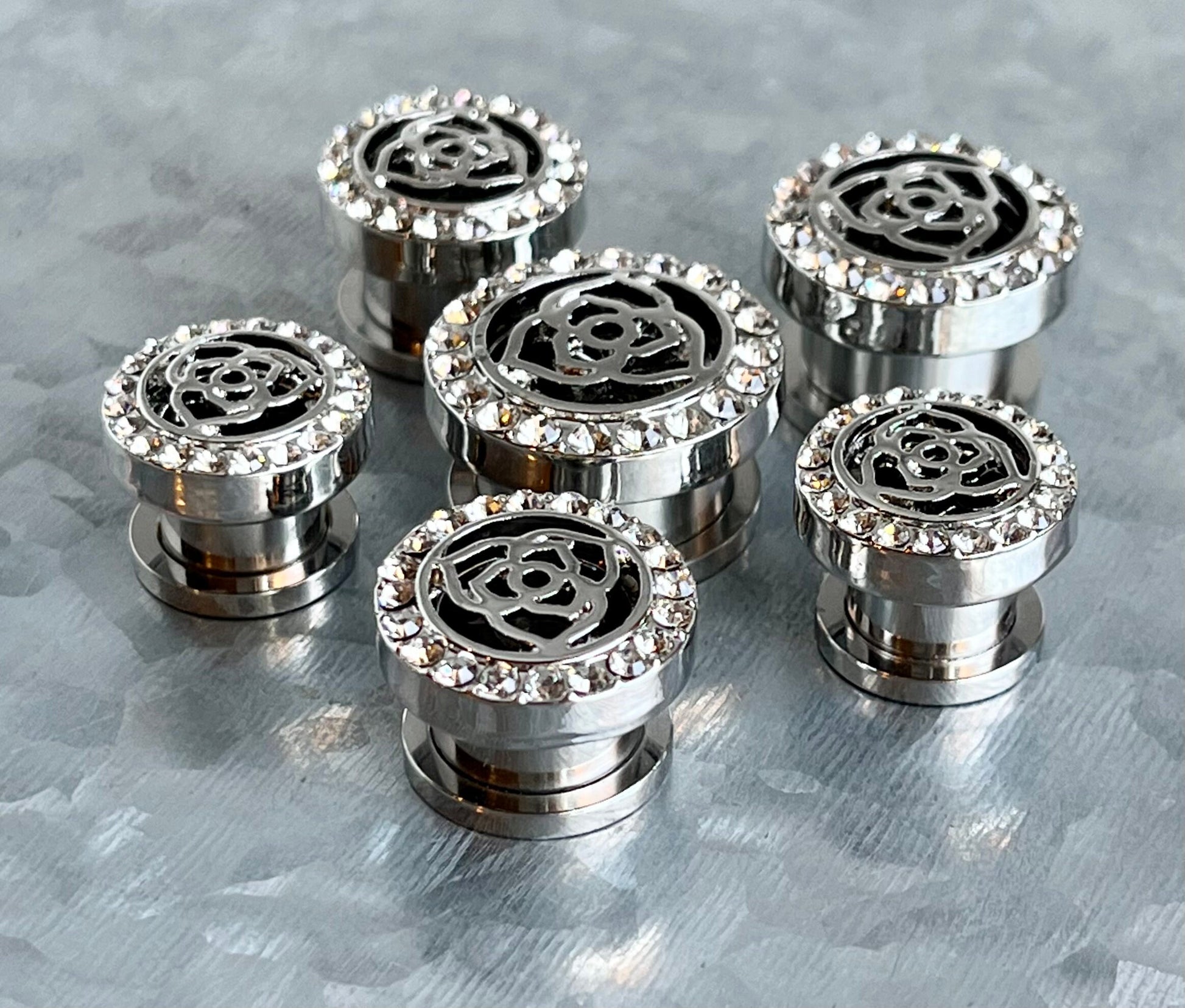PAIR of Unique Crystal Paved Rim with Rose Top Steel Screw Fit Tunnels/Plugs - Gold or Steel - Gauges 00g (10mm) thru 5/8" (16mm) available!
