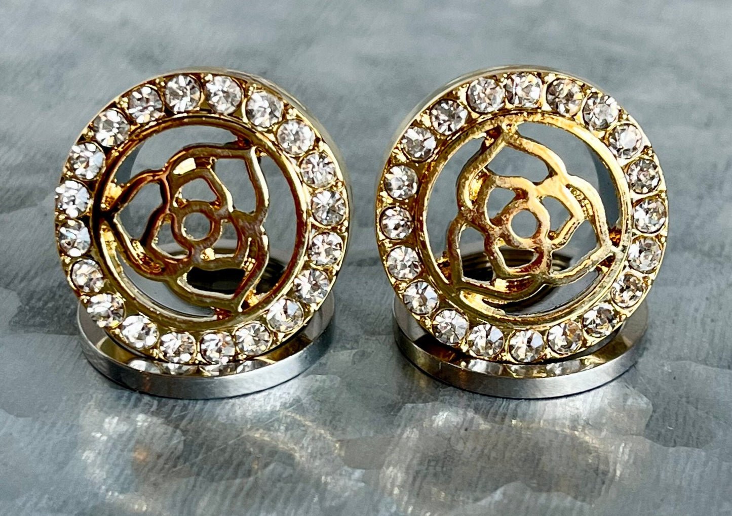 PAIR of Unique Crystal Paved Rim with Rose Top Steel Screw Fit Tunnels/Plugs - Gold or Steel - Gauges 00g (10mm) thru 5/8" (16mm) available!