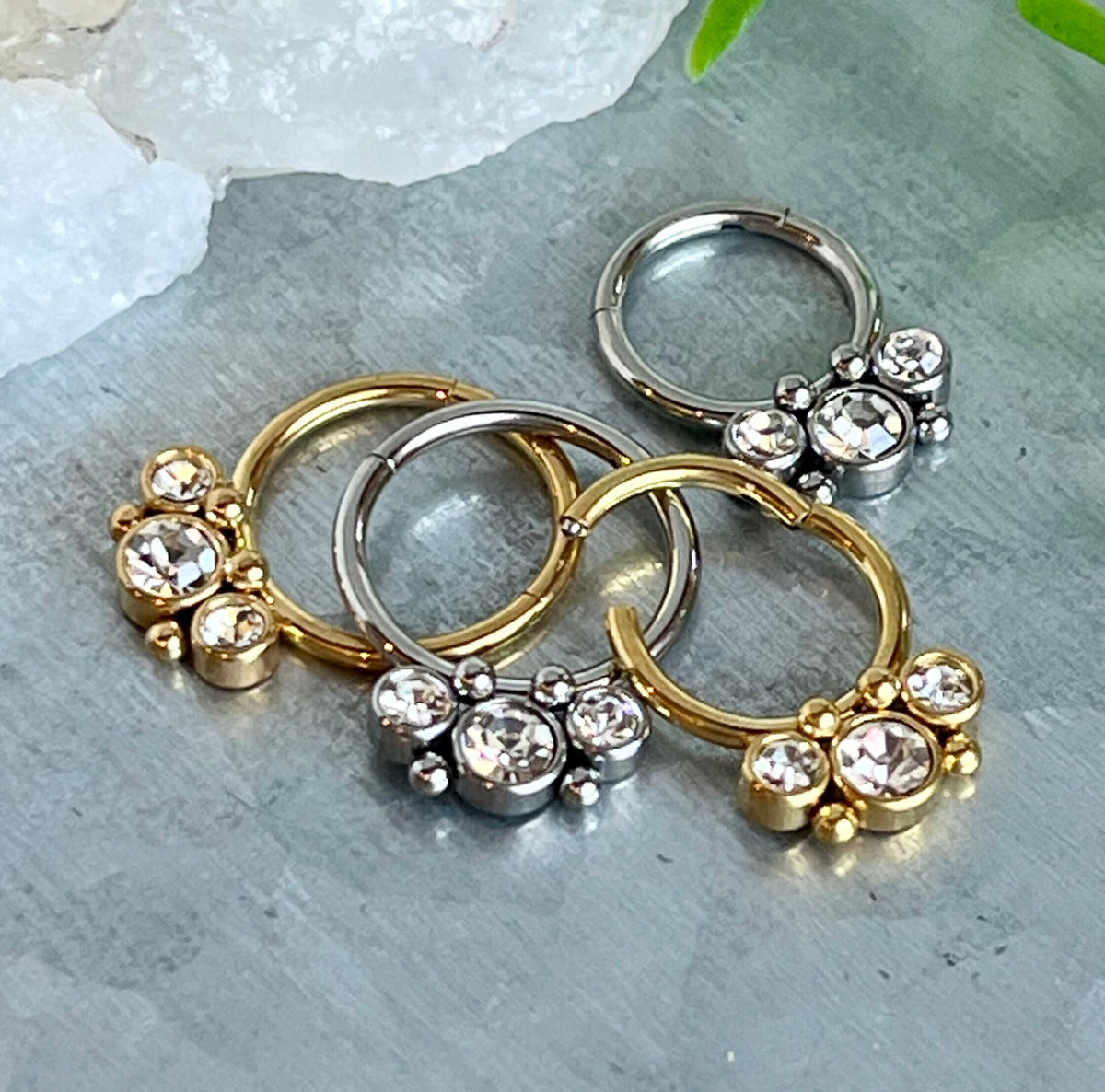 1 Piece Stunning Stainless Steel Three Bezel Set Gems Hinged Segment Ring - 16g - 8mm & 10mm - Steel and Gold Available!