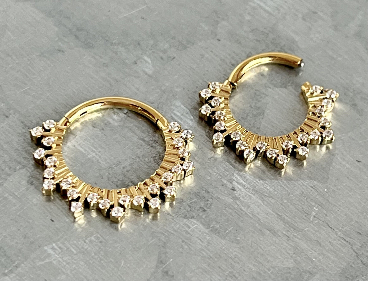 1 Piece Beautiful Stainless Steel CZ Gems Fan Hinged Segment Ring - 16g - 8mm & 10mm - Steel and Gold Available!