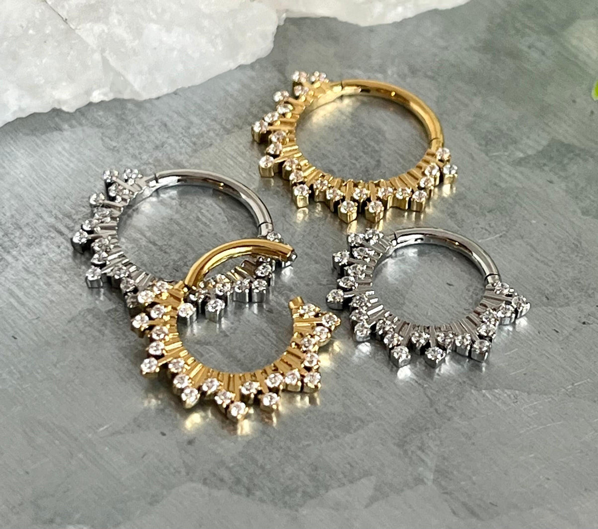 1 Piece Beautiful Stainless Steel CZ Gems Fan Hinged Segment Ring - 16g - 8mm & 10mm - Steel and Gold Available!