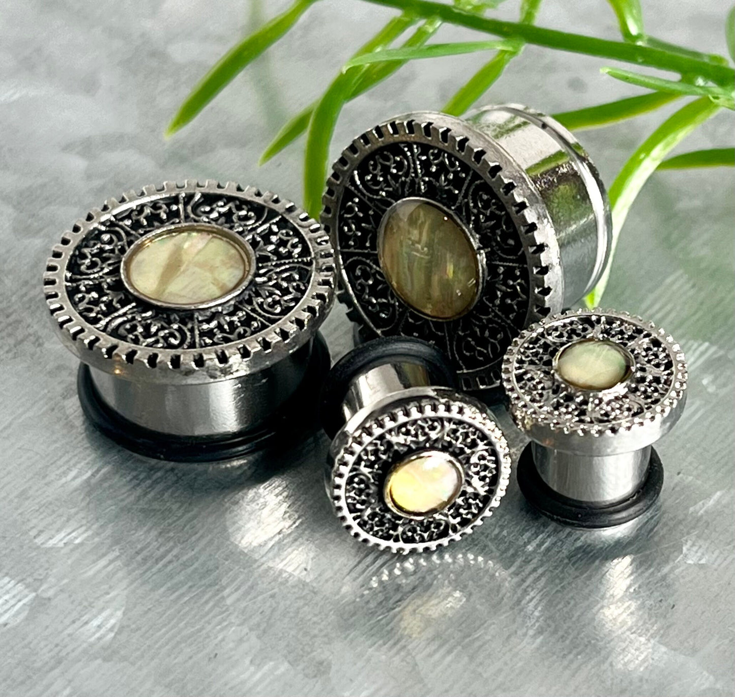 PAIR of Unique Opal Tribal Shield Surgical Steel Single Flare Plugs with O-Rings - Gauges 0g (8mm) thru - 5/16" (16mm) Available!