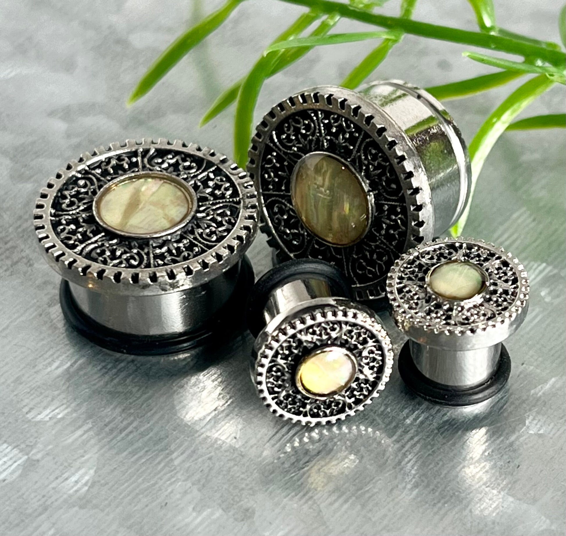 PAIR of Unique Opal Tribal Shield Surgical Steel Single Flare Plugs with O-Rings - Gauges 0g (8mm) thru - 5/16" (16mm) Available!